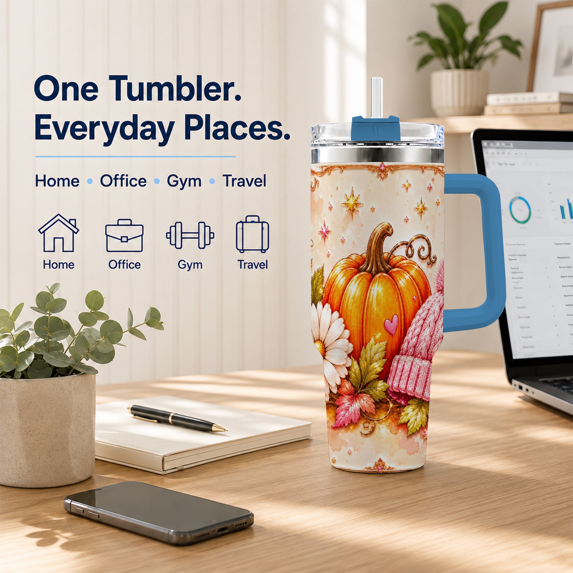#pl[40oz|Blue] Pumpkin 40oz Tumbler with Handle, Autumn Stainless Steel Travel Cup