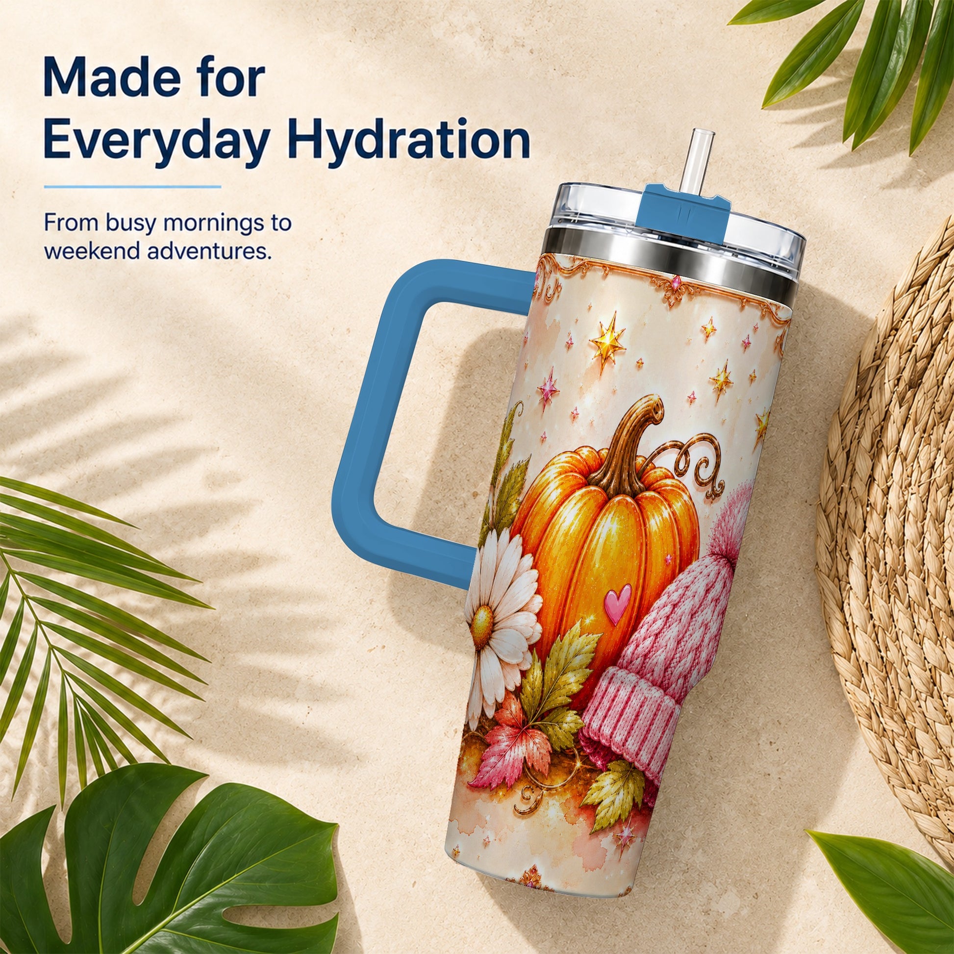 #pl[40oz|Blue] Pumpkin 40oz Tumbler with Handle, Autumn Stainless Steel Travel Cup