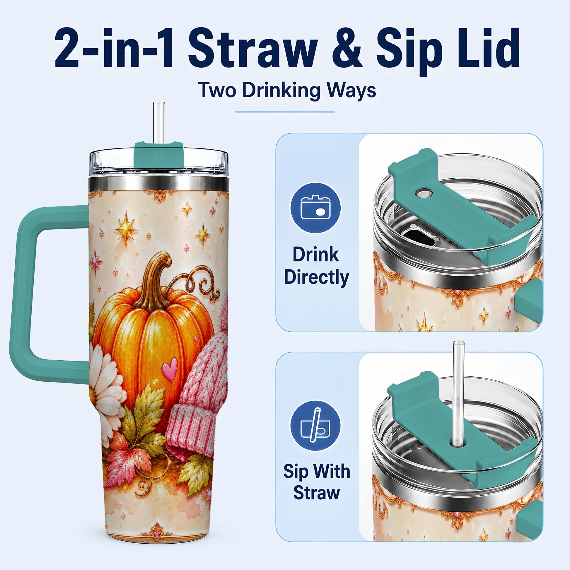 #pl[40oz|Green] Pumpkin 40oz Tumbler with Handle, Autumn Stainless Steel Travel Cup