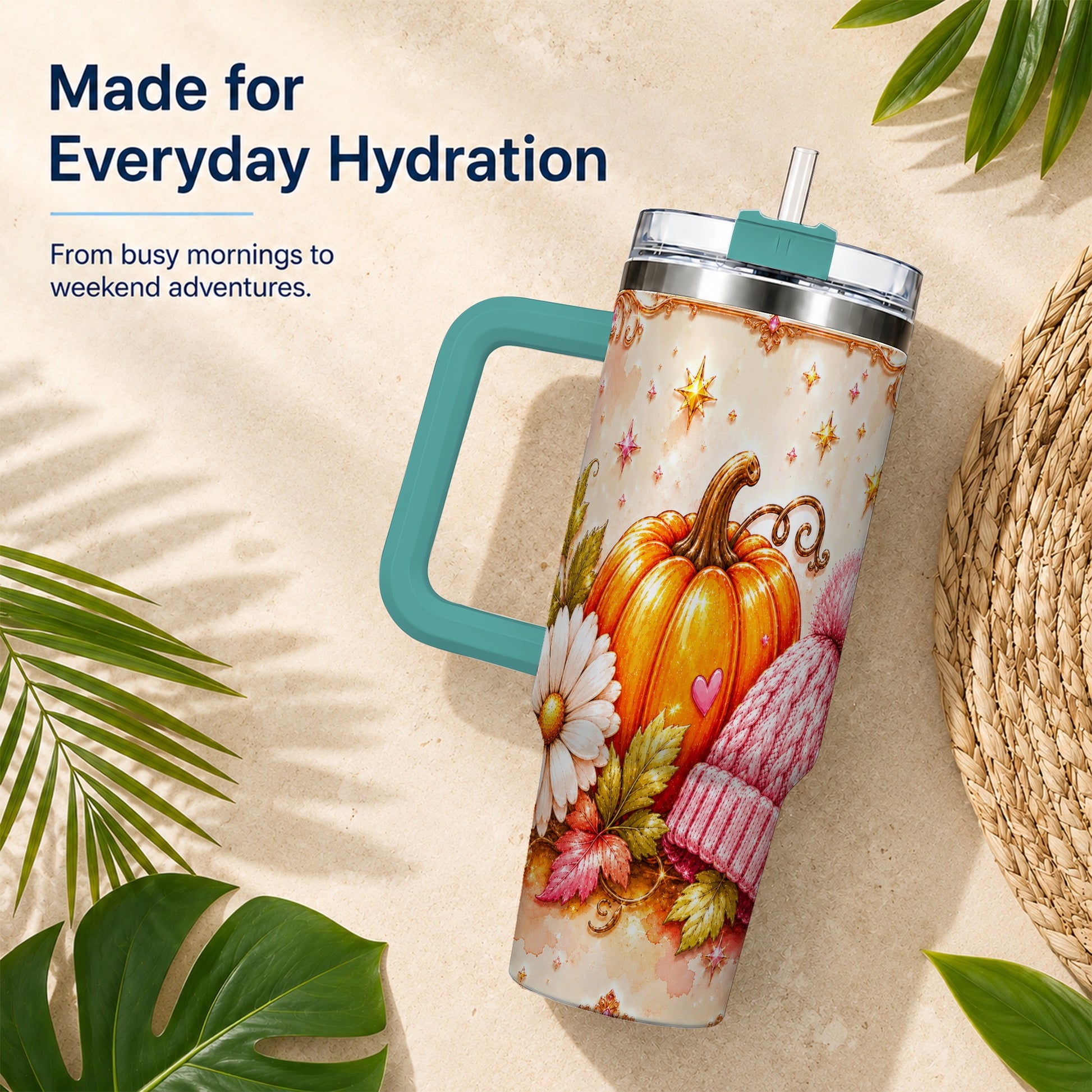#pl[40oz|Green] Pumpkin 40oz Tumbler with Handle, Autumn Stainless Steel Travel Cup
