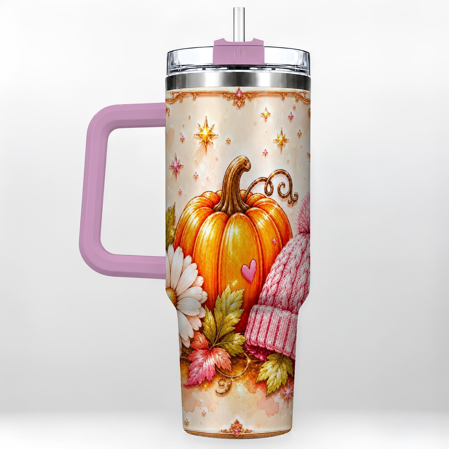 #pl[40oz|Pink] Pumpkin 40oz Tumbler with Handle, Autumn Stainless Steel Travel Cup