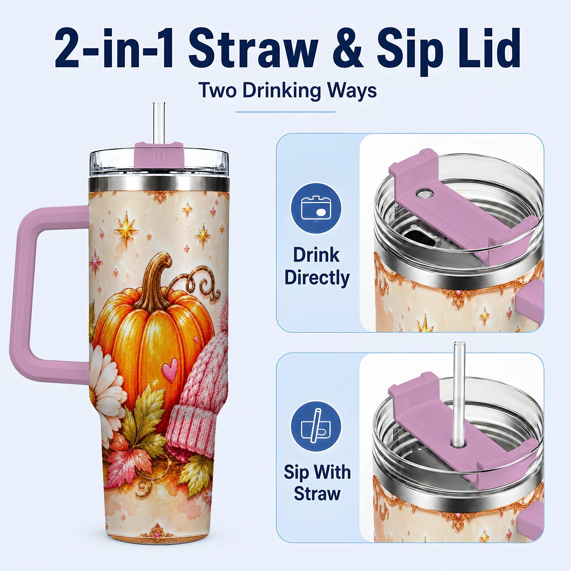 #pl[40oz|Pink] Pumpkin 40oz Tumbler with Handle, Autumn Stainless Steel Travel Cup