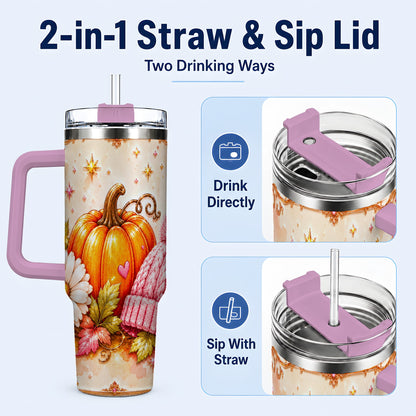 #pl[40oz|Pink] Pumpkin 40oz Tumbler with Handle, Autumn Stainless Steel Travel Cup