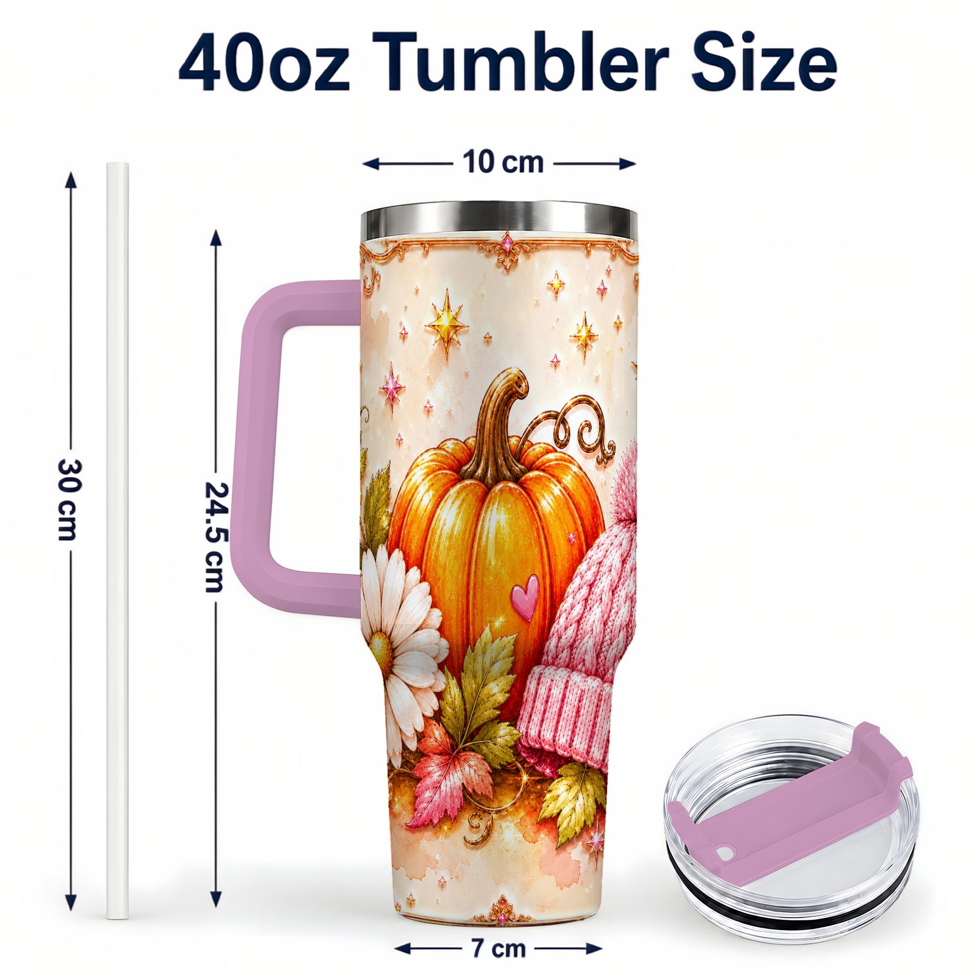 #pl[40oz|Pink] Pumpkin 40oz Tumbler with Handle, Autumn Stainless Steel Travel Cup