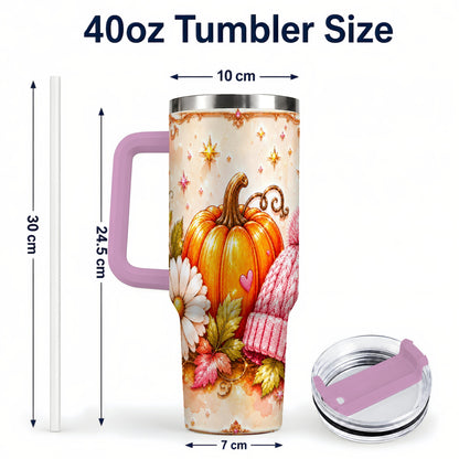 #pl[40oz|Pink] Pumpkin 40oz Tumbler with Handle, Autumn Stainless Steel Travel Cup