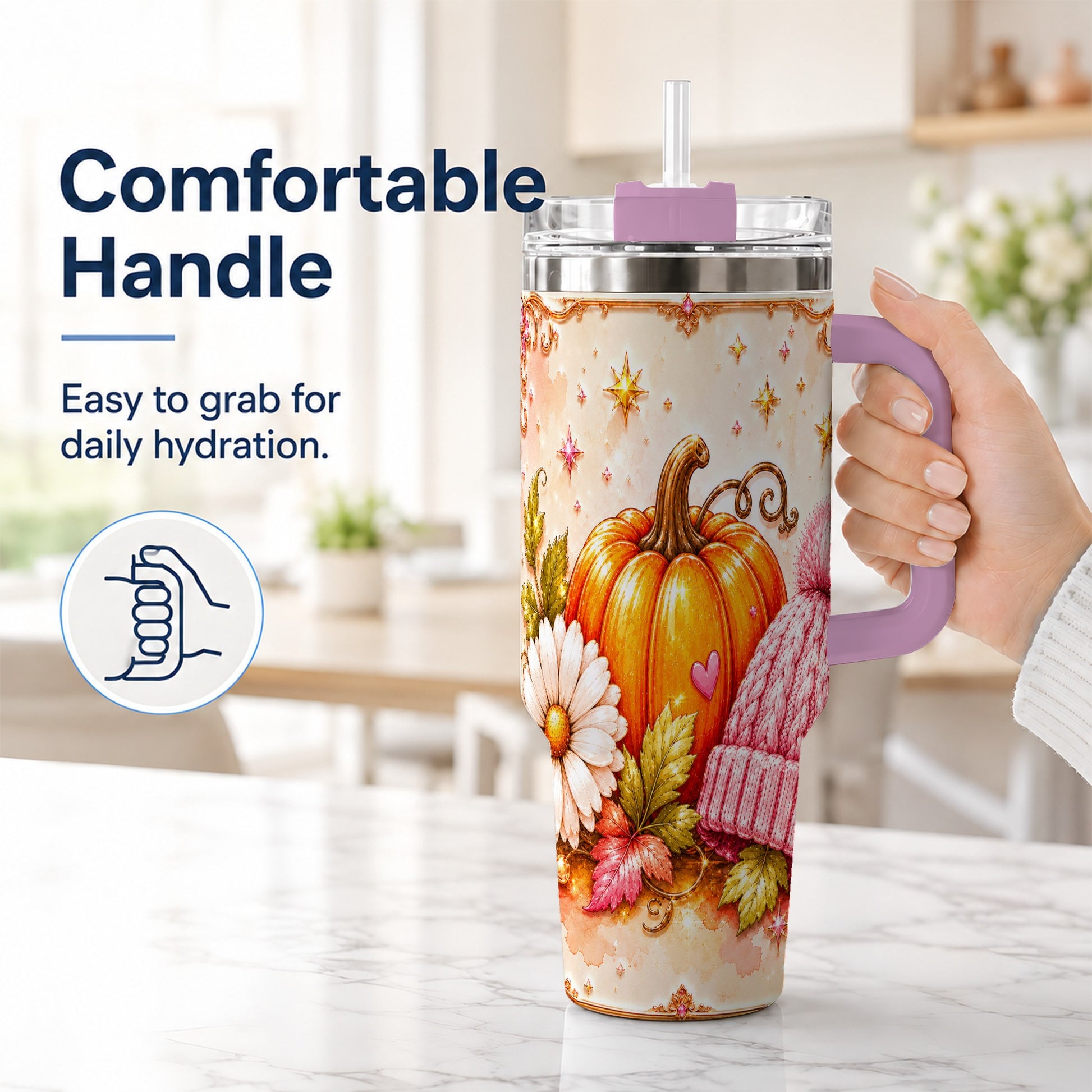 #pl[40oz|Pink] Pumpkin 40oz Tumbler with Handle, Autumn Stainless Steel Travel Cup