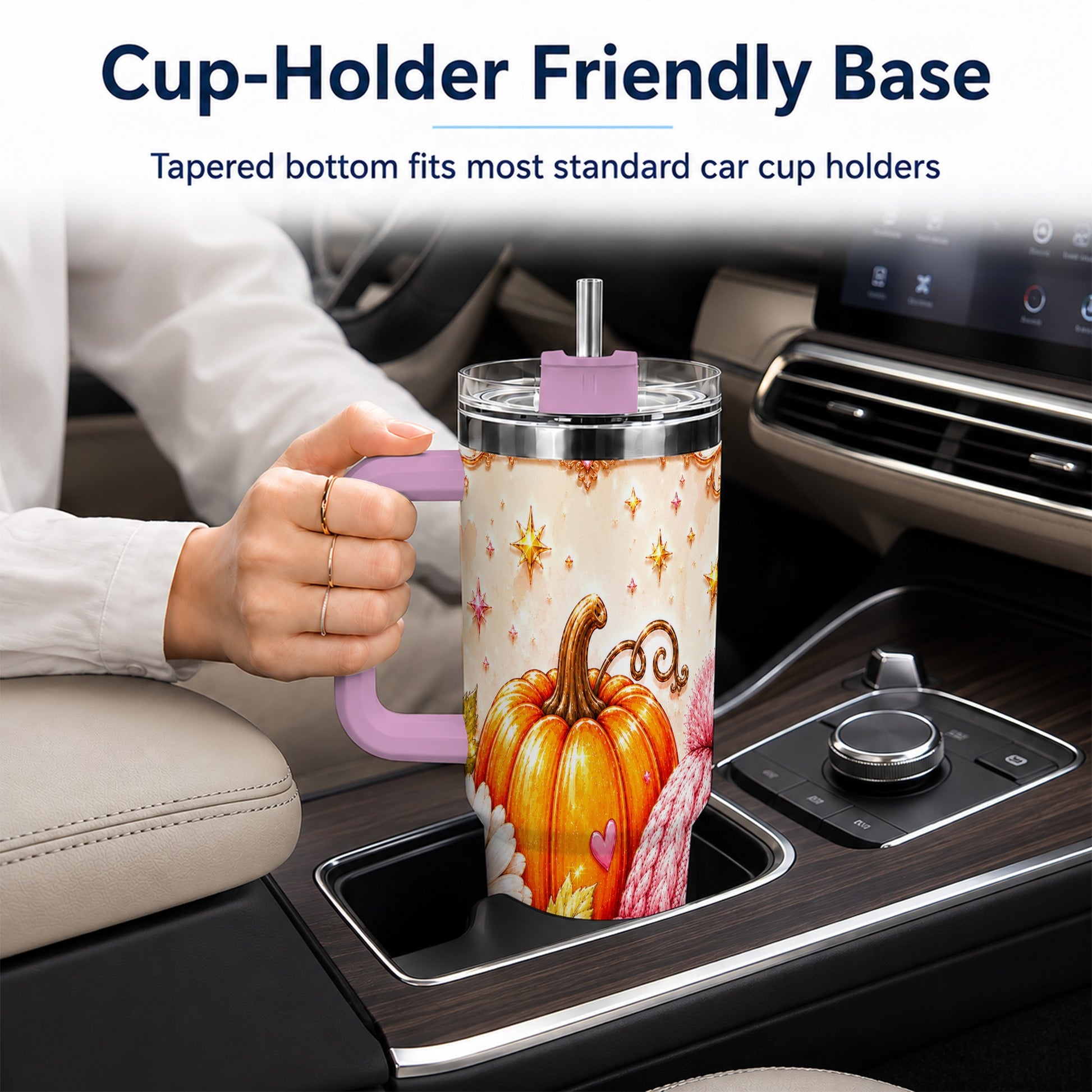 #pl[40oz|Pink] Pumpkin 40oz Tumbler with Handle, Autumn Stainless Steel Travel Cup