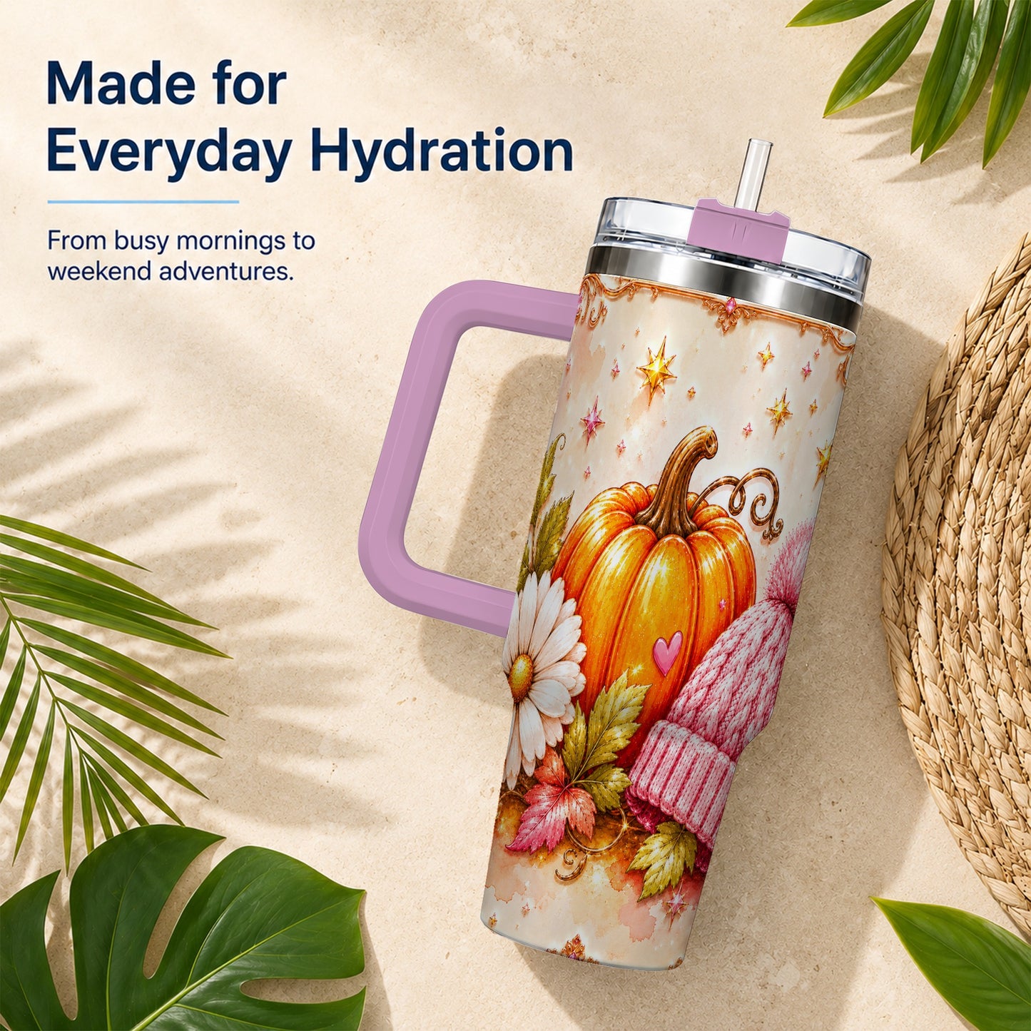 #pl[40oz|Pink] Pumpkin 40oz Tumbler with Handle, Autumn Stainless Steel Travel Cup