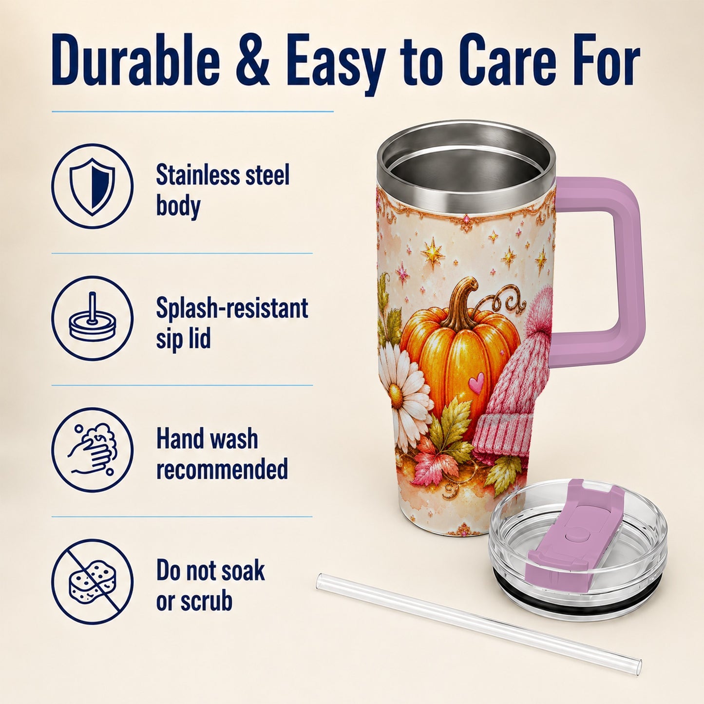 #pl[40oz|Pink] Pumpkin 40oz Tumbler with Handle, Autumn Stainless Steel Travel Cup