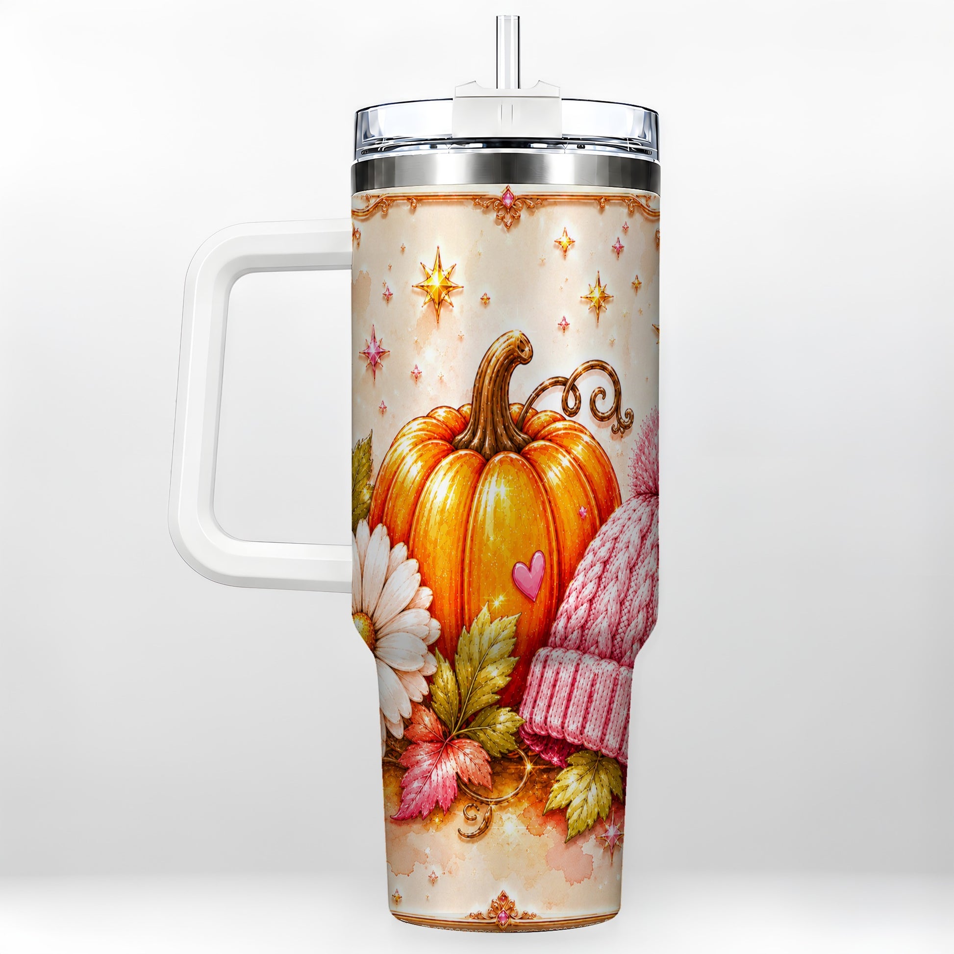 #pl[40oz|White] Pumpkin 40oz Tumbler with Handle, Autumn Stainless Steel Travel Cup