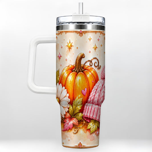 #pl[40oz|White] Pumpkin 40oz Tumbler with Handle, Autumn Stainless Steel Travel Cup