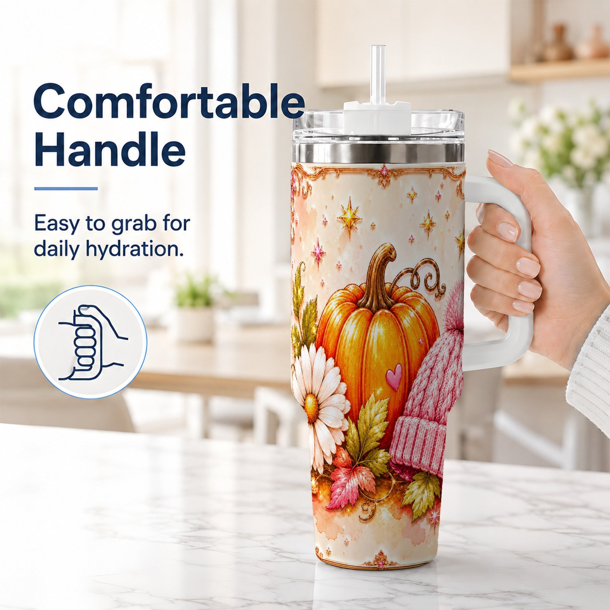 #pl[40oz|White] Pumpkin 40oz Tumbler with Handle, Autumn Stainless Steel Travel Cup