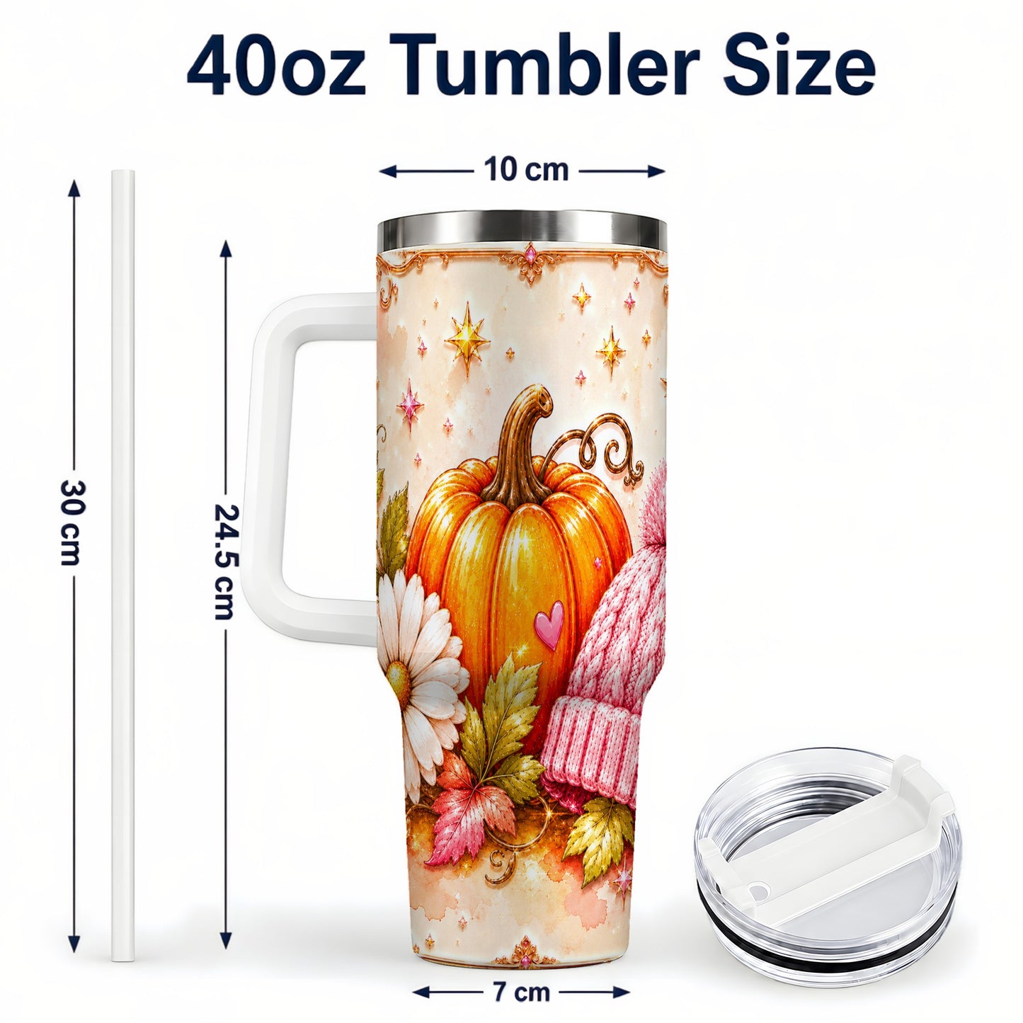 #pl[40oz|White] Pumpkin 40oz Tumbler with Handle, Autumn Stainless Steel Travel Cup