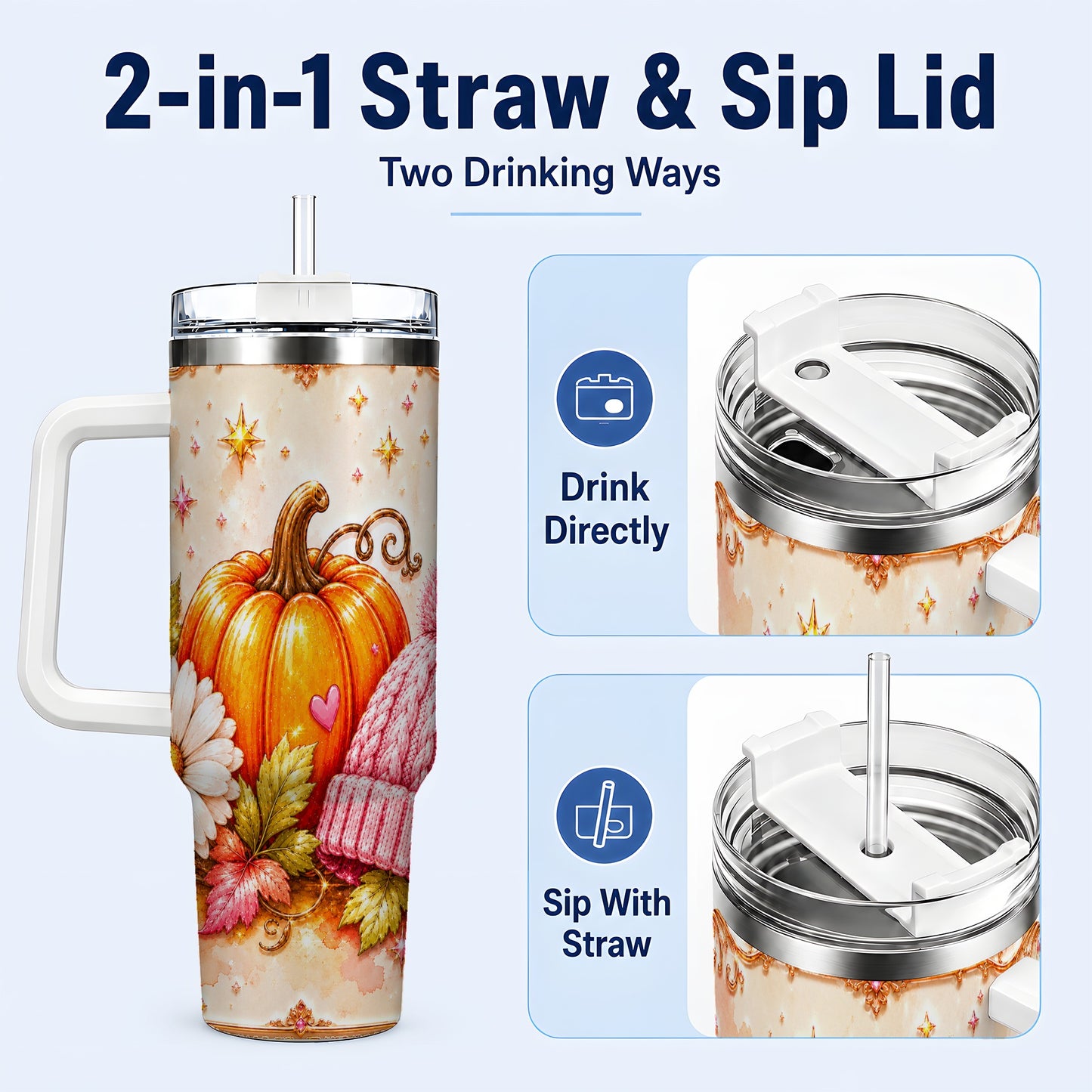 #pl[40oz|White] Pumpkin 40oz Tumbler with Handle, Autumn Stainless Steel Travel Cup