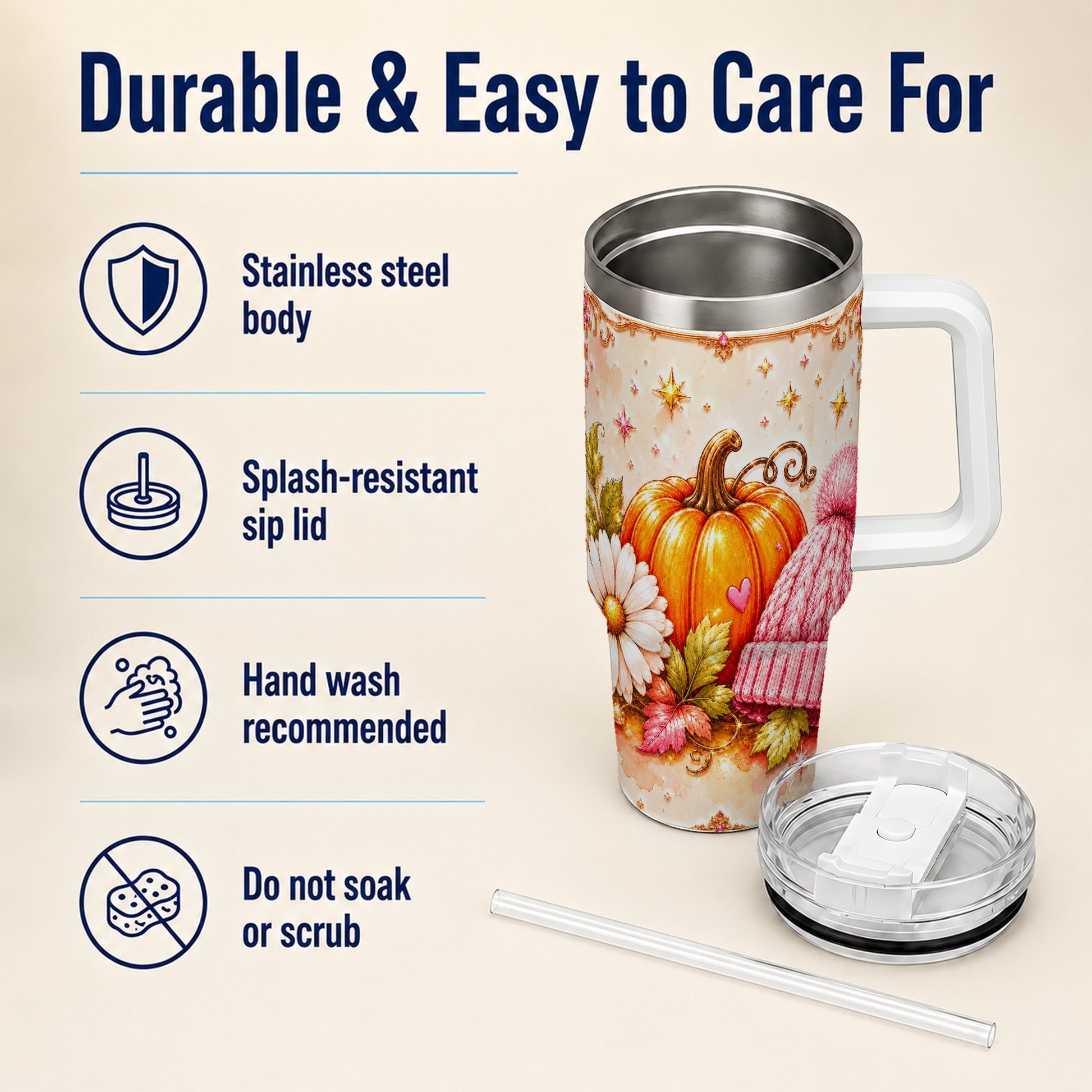 #pl[40oz|White] Pumpkin 40oz Tumbler with Handle, Autumn Stainless Steel Travel Cup