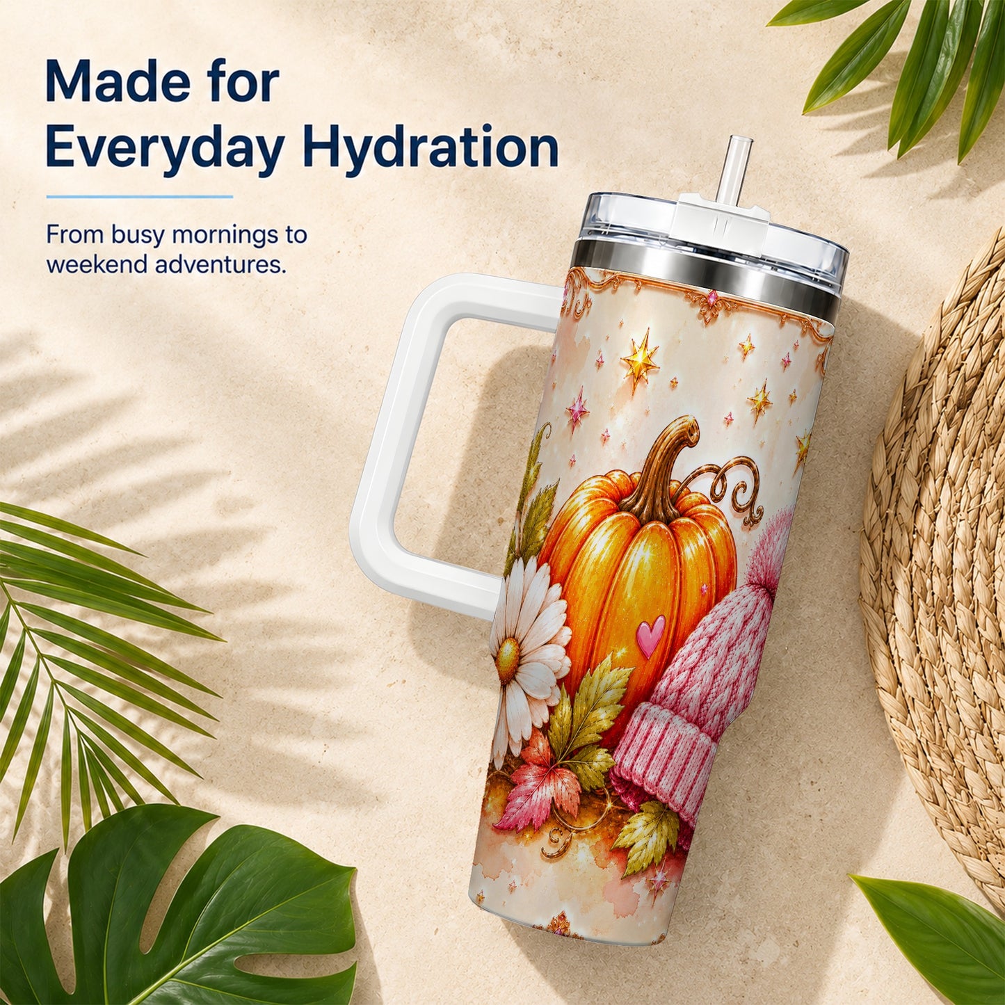 #pl[40oz|White] Pumpkin 40oz Tumbler with Handle, Autumn Stainless Steel Travel Cup