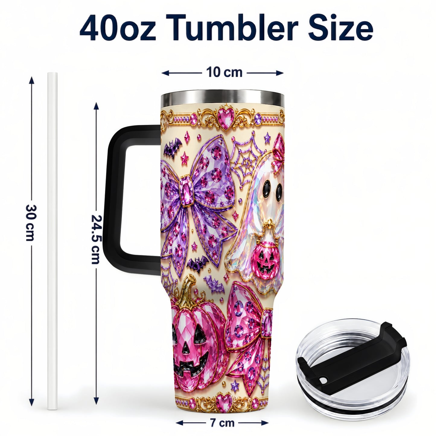 #pl[40oz|Black] Ghost Bow 40oz Tumbler with Handle, Halloween Stainless Steel Travel Cup