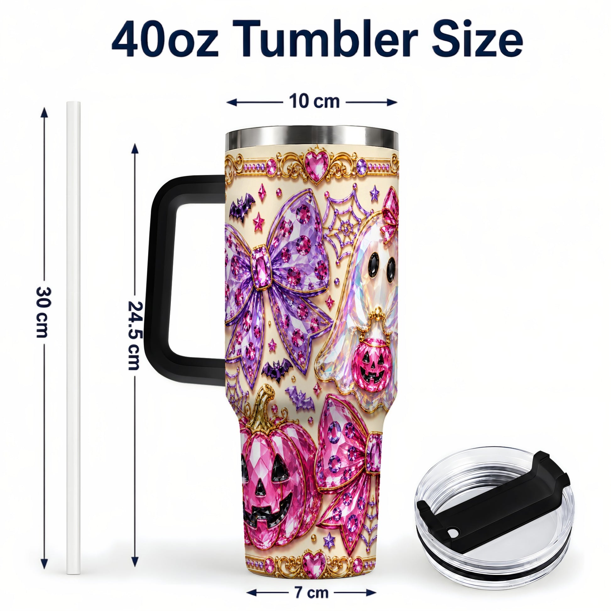 #pl[40oz|Black] Ghost Bow 40oz Tumbler with Handle, Halloween Stainless Steel Travel Cup