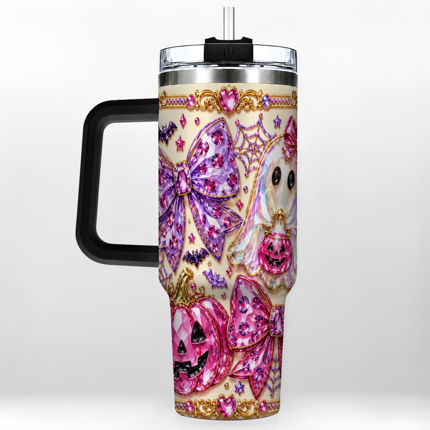 #pl[40oz|Black] Ghost Bow 40oz Tumbler with Handle, Halloween Stainless Steel Travel Cup