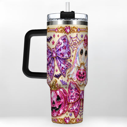#pl[40oz|Black] Ghost Bow 40oz Tumbler with Handle, Halloween Stainless Steel Travel Cup