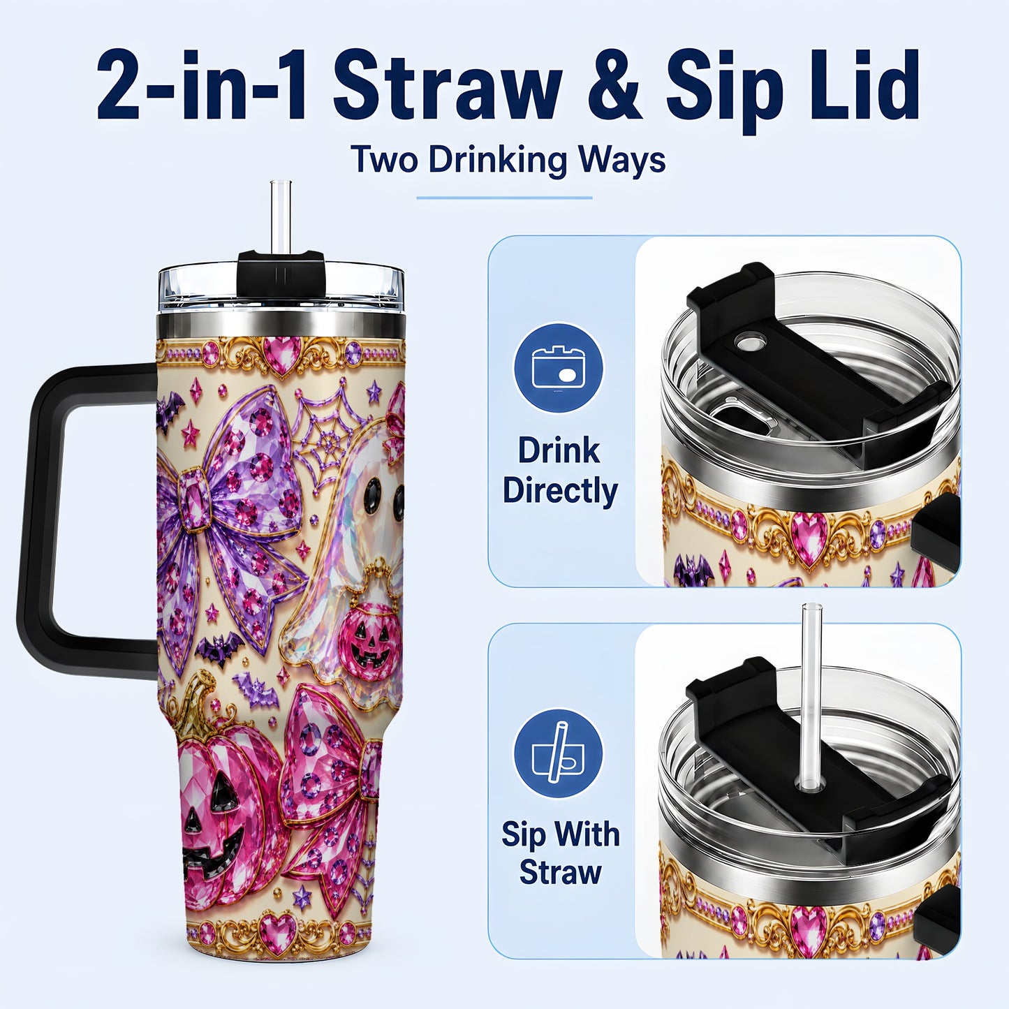 #pl[40oz|Black] Ghost Bow 40oz Tumbler with Handle, Halloween Stainless Steel Travel Cup