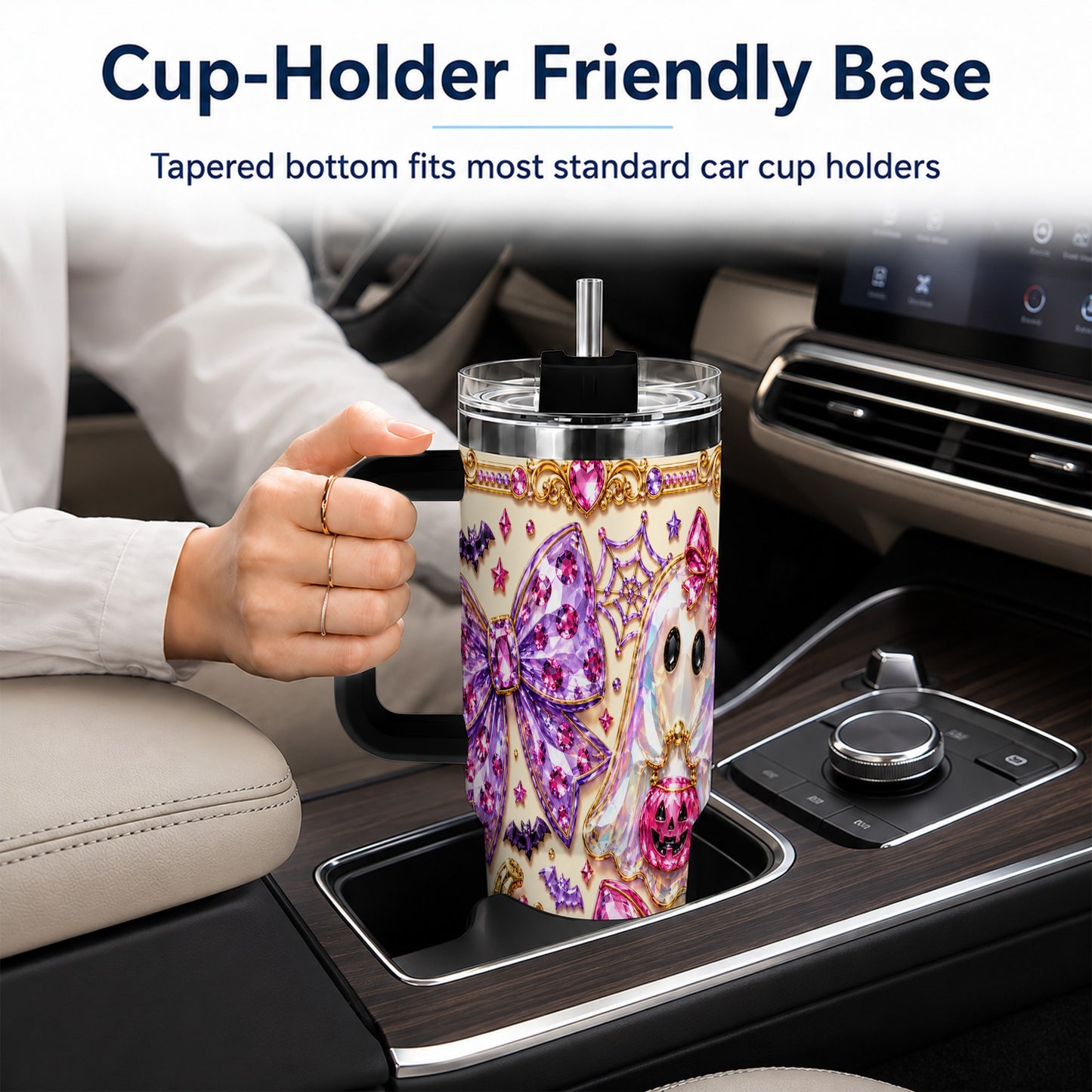 #pl[40oz|Black] Ghost Bow 40oz Tumbler with Handle, Halloween Stainless Steel Travel Cup