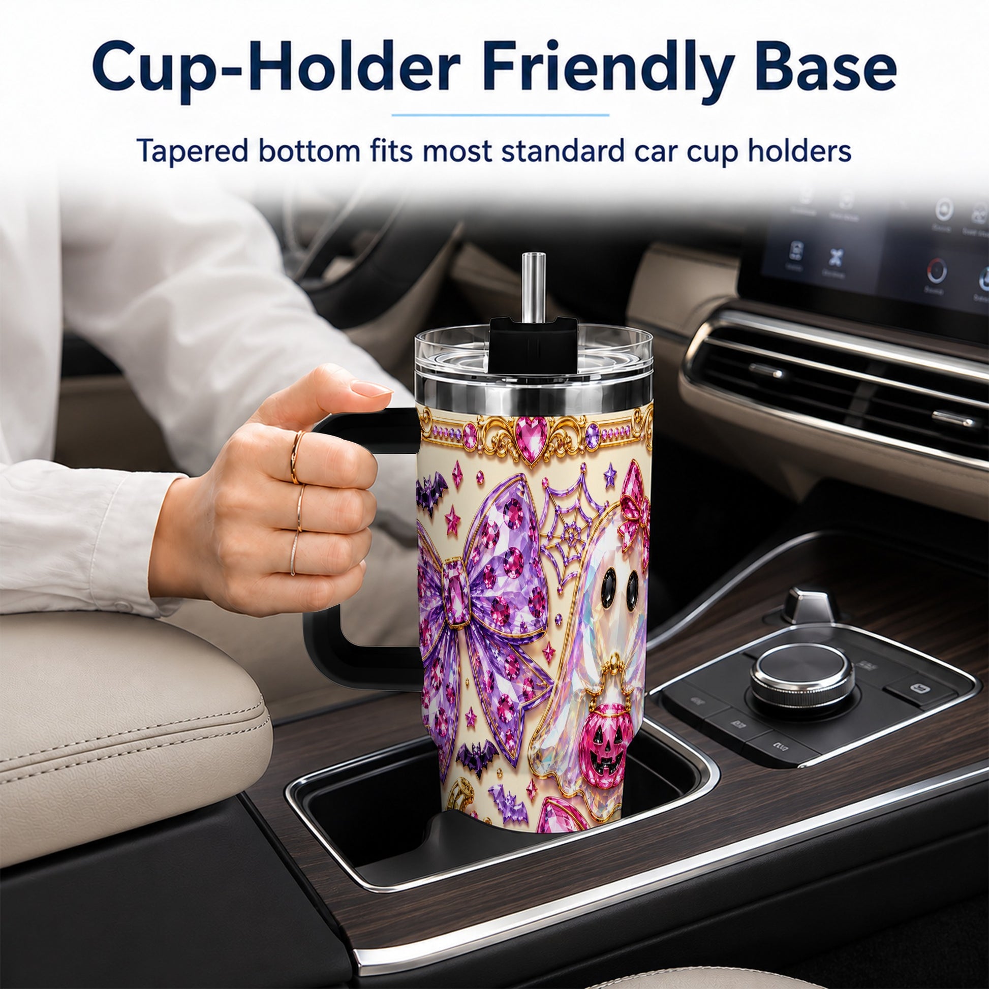 #pl[40oz|Black] Ghost Bow 40oz Tumbler with Handle, Halloween Stainless Steel Travel Cup