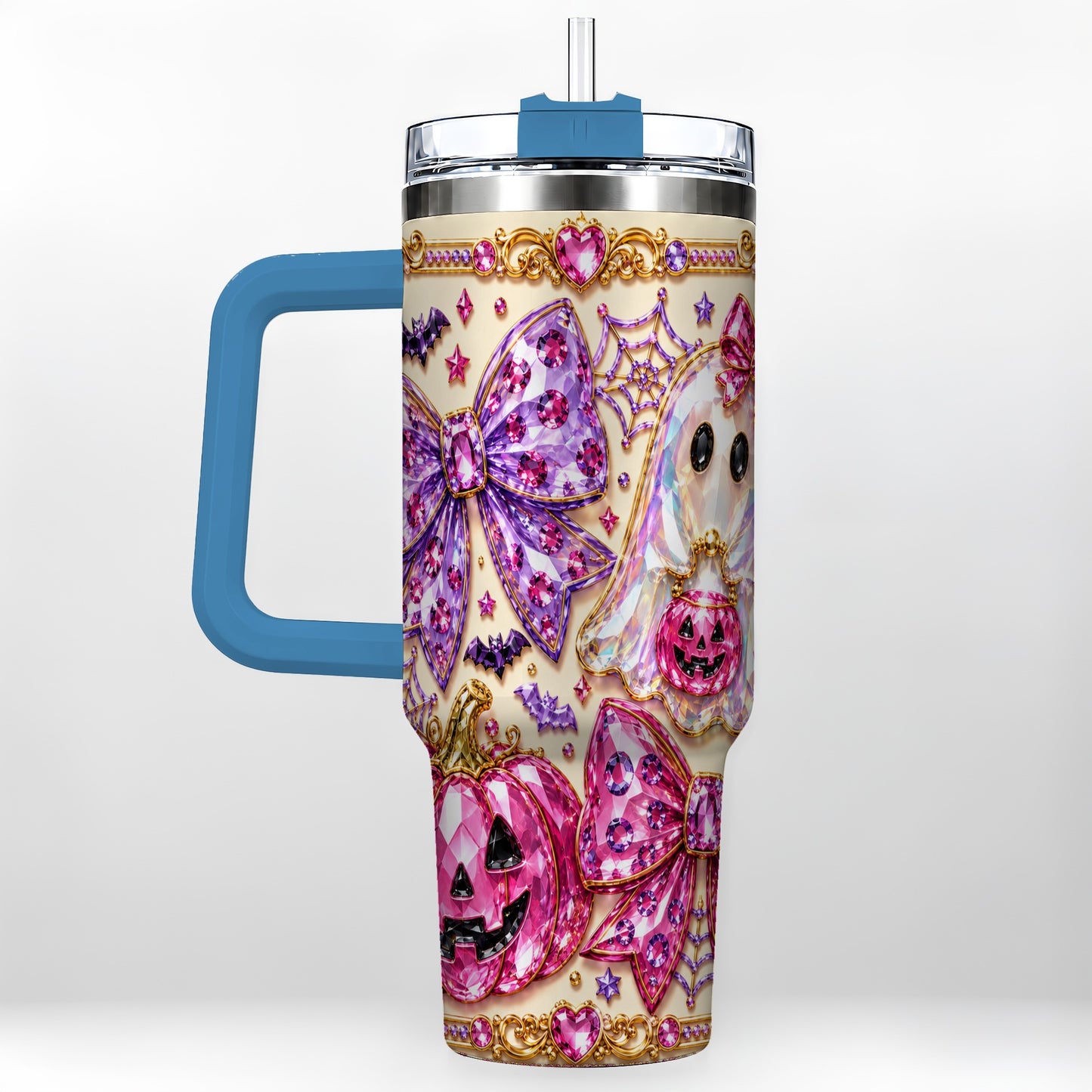#pl[40oz|Blue] Ghost Bow 40oz Tumbler with Handle, Halloween Stainless Steel Travel Cup