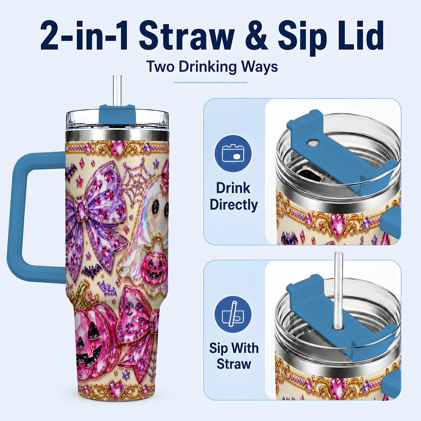 #pl[40oz|Blue] Ghost Bow 40oz Tumbler with Handle, Halloween Stainless Steel Travel Cup