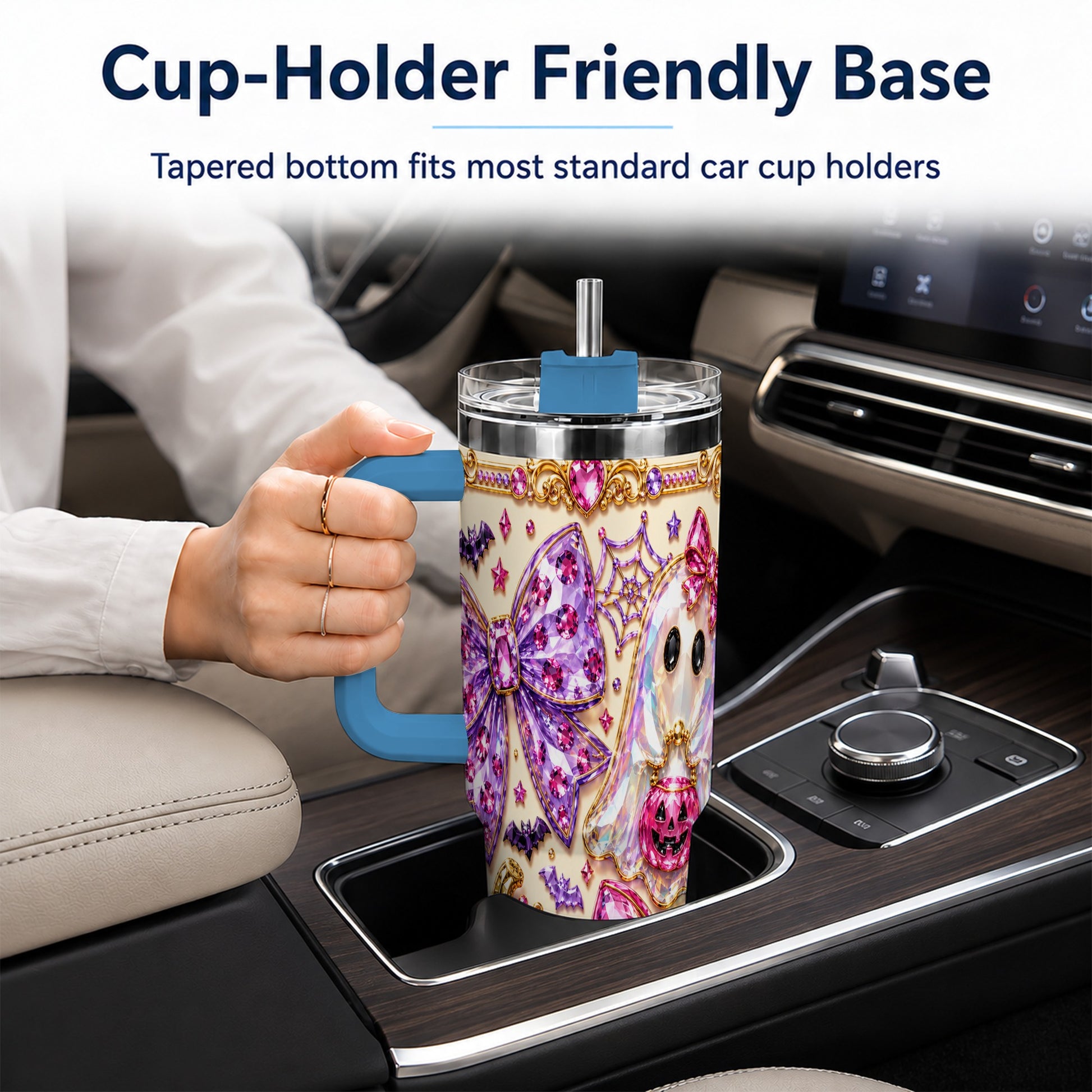 #pl[40oz|Blue] Ghost Bow 40oz Tumbler with Handle, Halloween Stainless Steel Travel Cup
