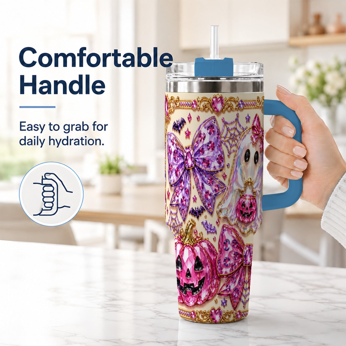 #pl[40oz|Blue] Ghost Bow 40oz Tumbler with Handle, Halloween Stainless Steel Travel Cup
