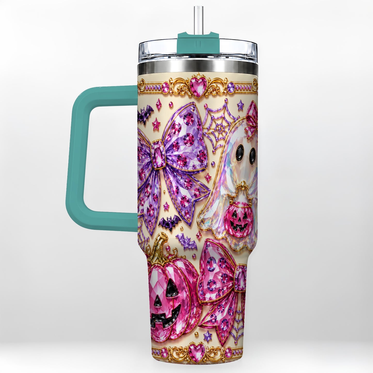 #pl[40oz|Green] Ghost Bow 40oz Tumbler with Handle, Halloween Stainless Steel Travel Cup