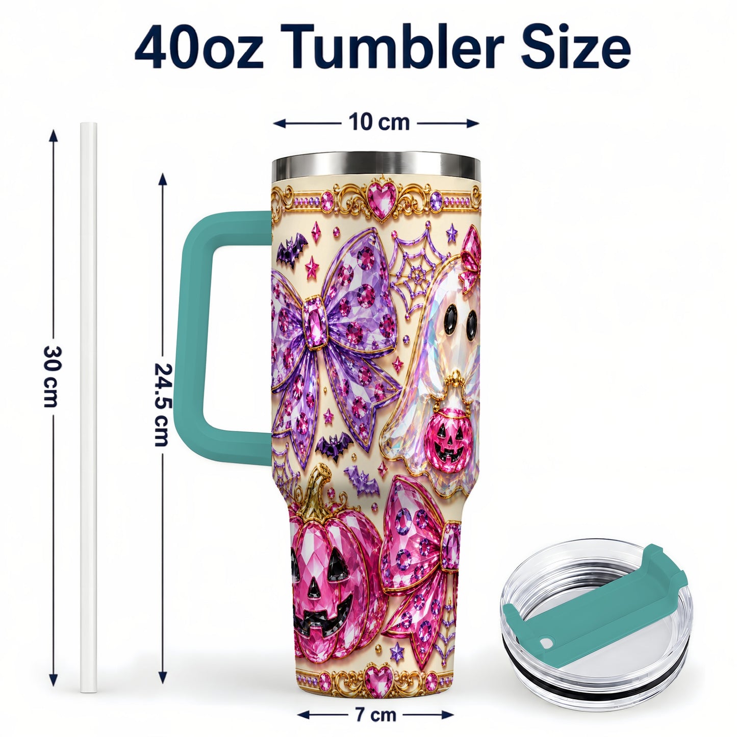 #pl[40oz|Green] Ghost Bow 40oz Tumbler with Handle, Halloween Stainless Steel Travel Cup