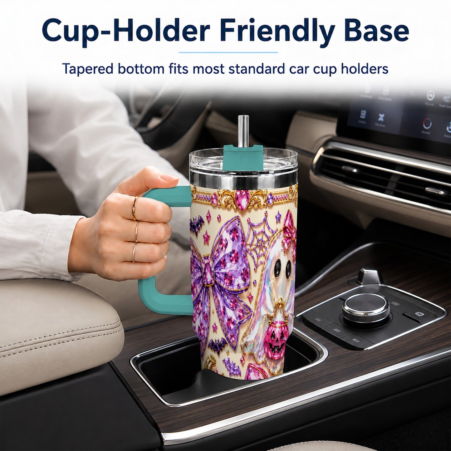 #pl[40oz|Green] Ghost Bow 40oz Tumbler with Handle, Halloween Stainless Steel Travel Cup