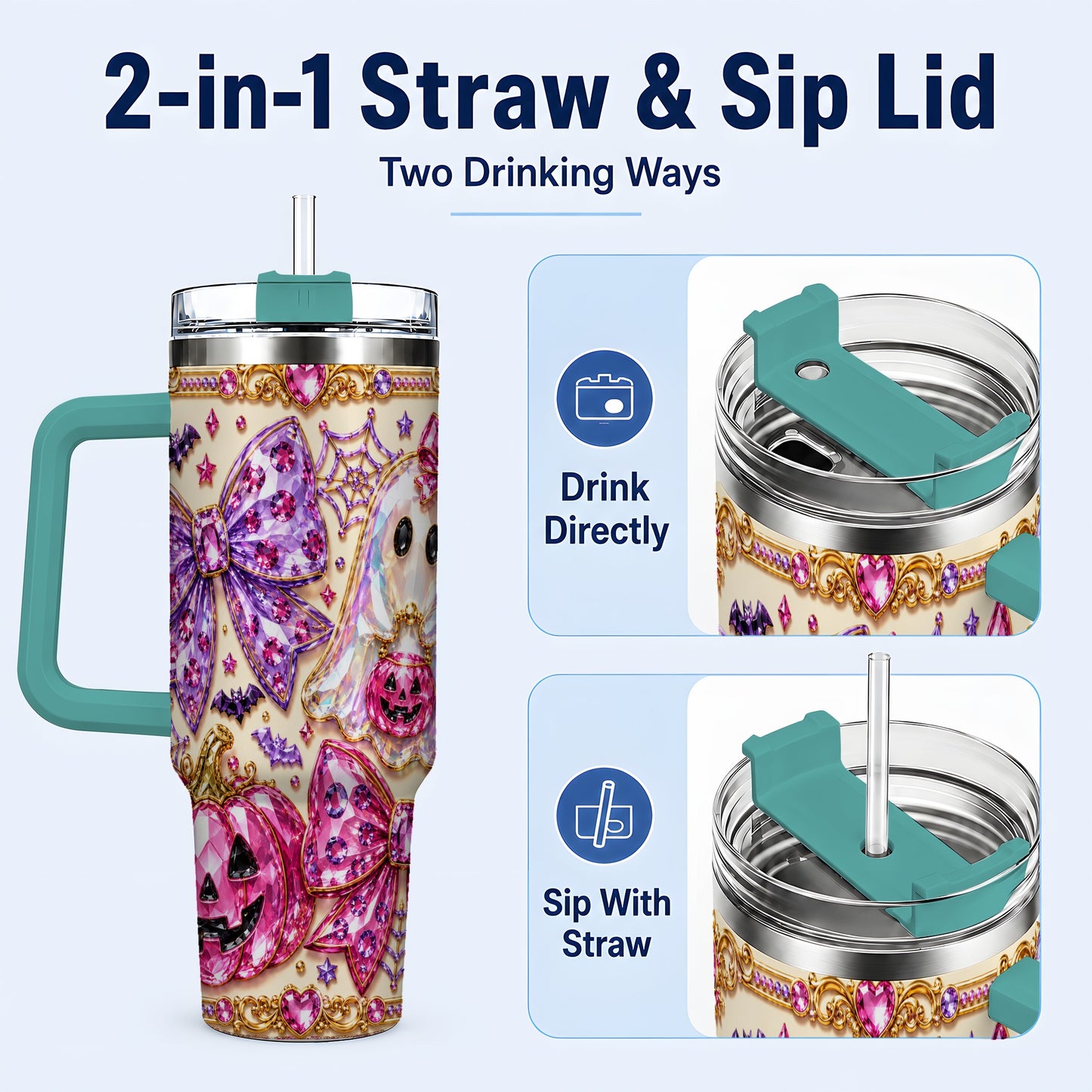 #pl[40oz|Green] Ghost Bow 40oz Tumbler with Handle, Halloween Stainless Steel Travel Cup
