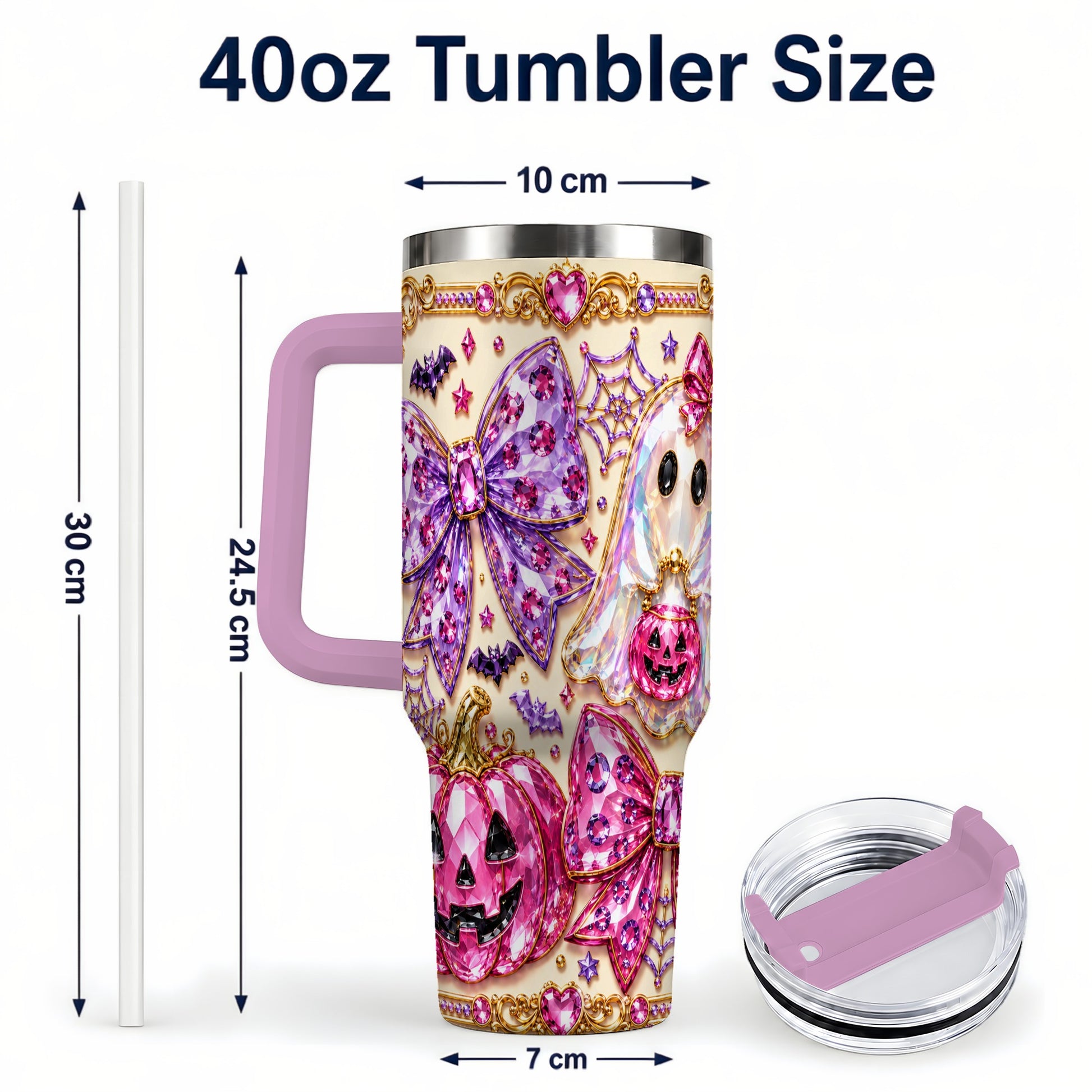 #pl[40oz|Pink] Ghost Bow 40oz Tumbler with Handle, Halloween Stainless Steel Travel Cup