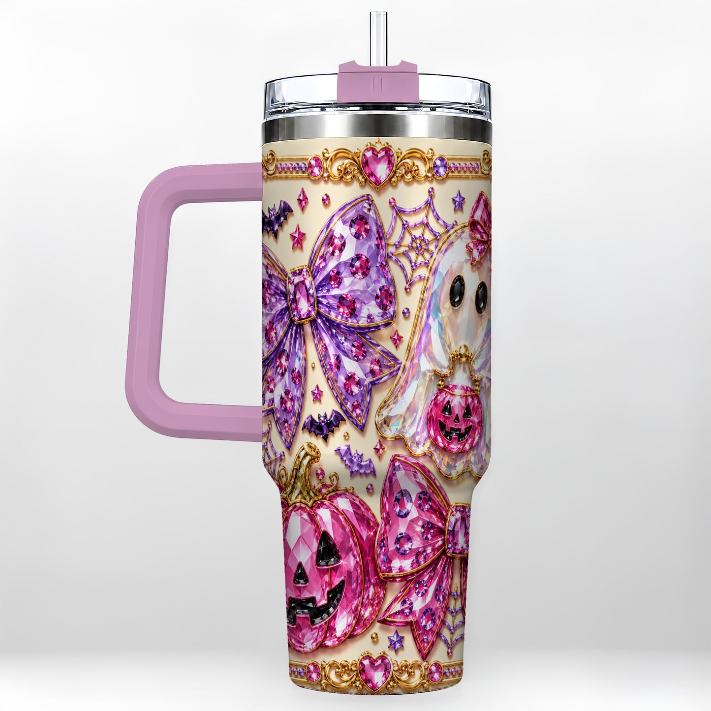 #pl[40oz|Pink] Ghost Bow 40oz Tumbler with Handle, Halloween Stainless Steel Travel Cup