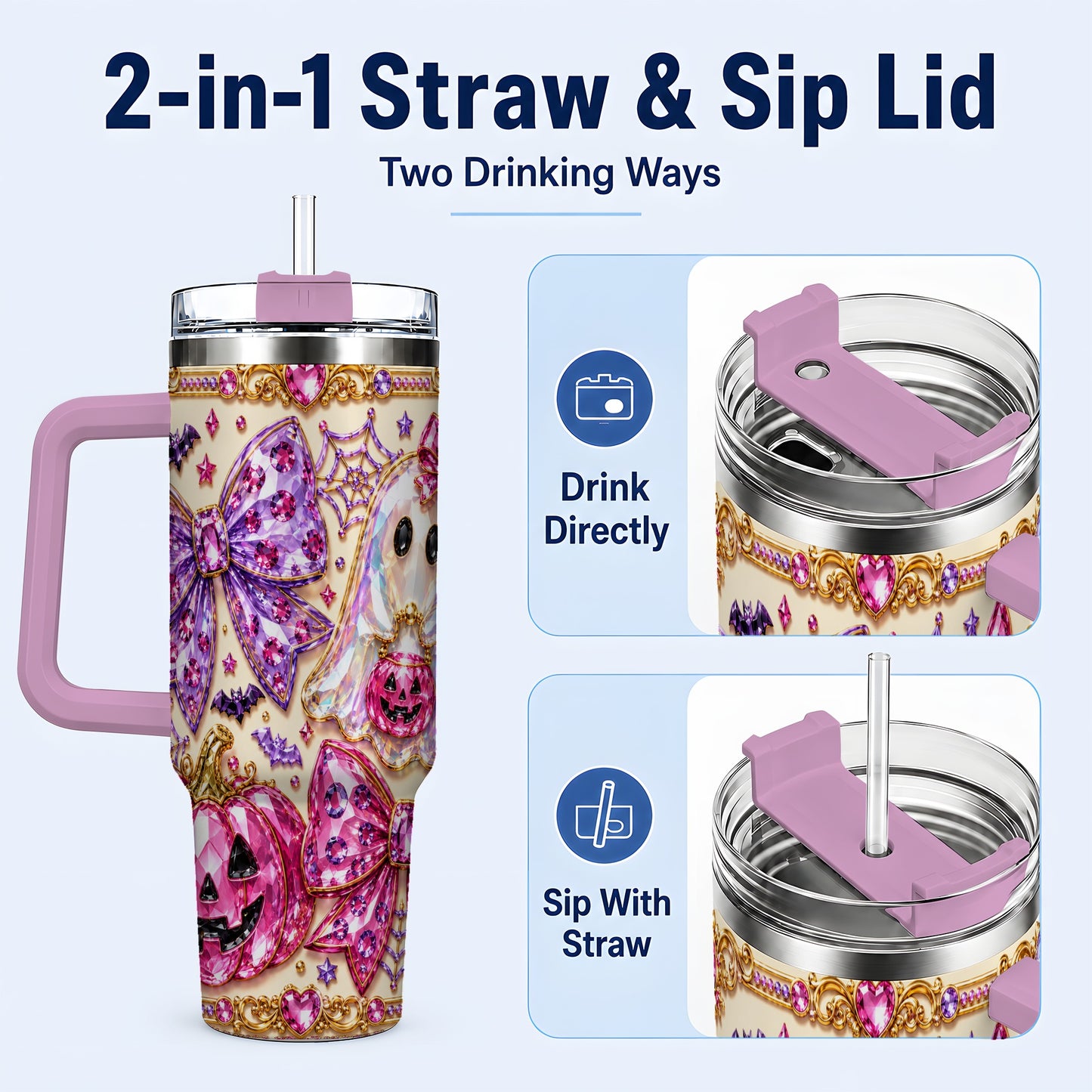 #pl[40oz|Pink] Ghost Bow 40oz Tumbler with Handle, Halloween Stainless Steel Travel Cup