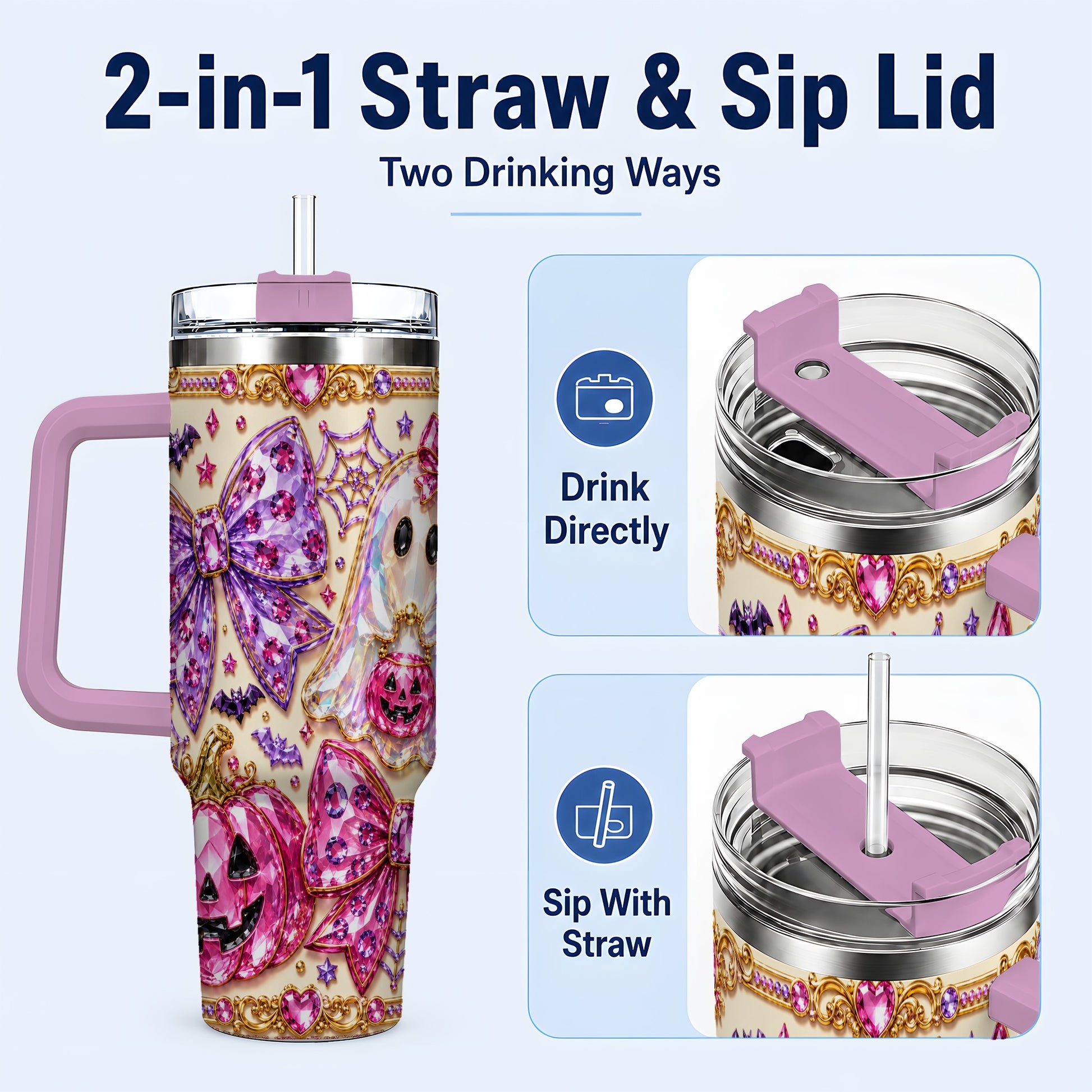 #pl[40oz|Pink] Ghost Bow 40oz Tumbler with Handle, Halloween Stainless Steel Travel Cup