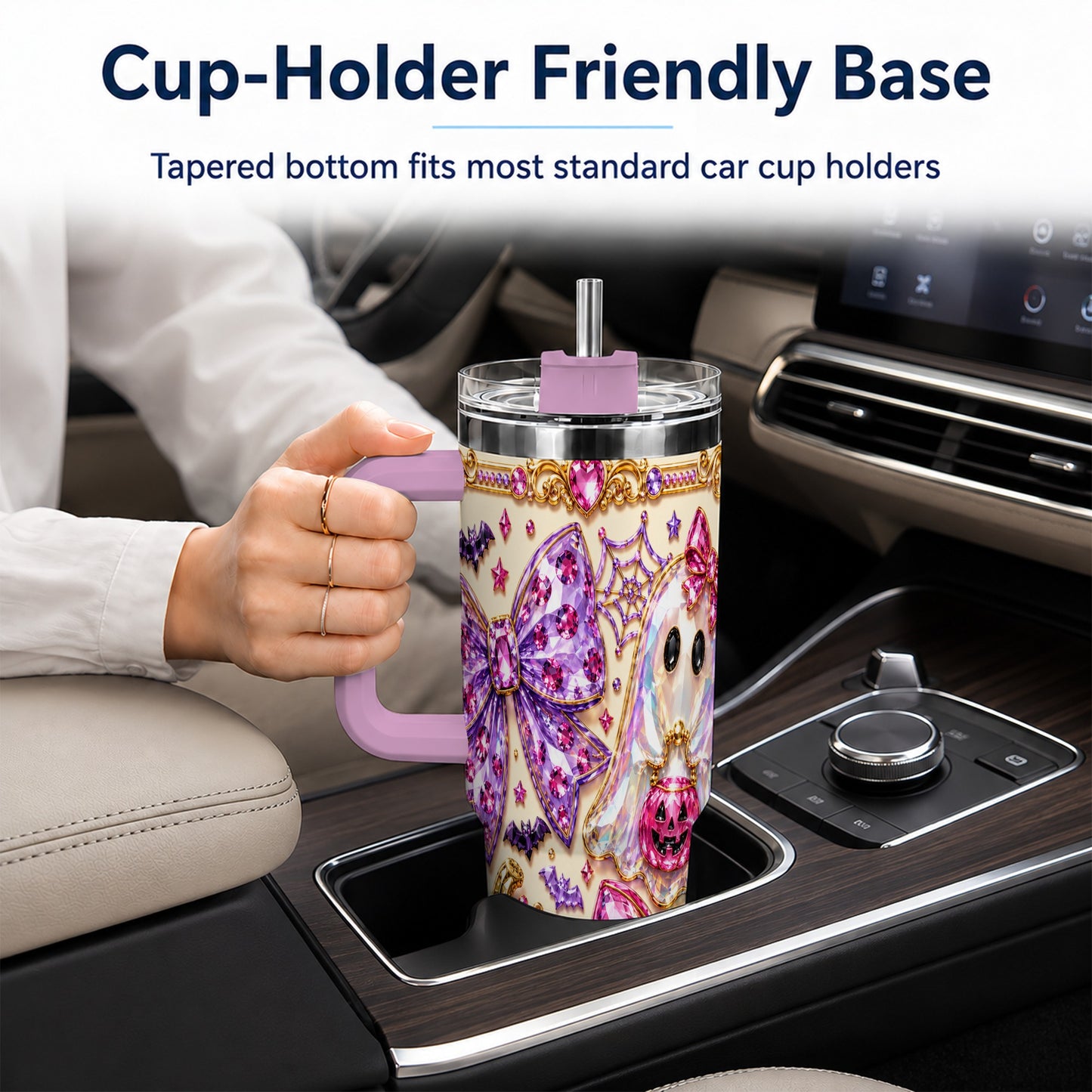 #pl[40oz|Pink] Ghost Bow 40oz Tumbler with Handle, Halloween Stainless Steel Travel Cup
