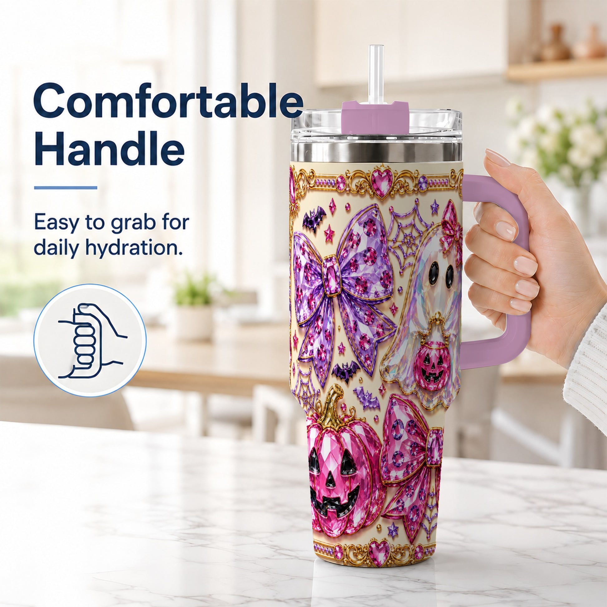 #pl[40oz|Pink] Ghost Bow 40oz Tumbler with Handle, Halloween Stainless Steel Travel Cup