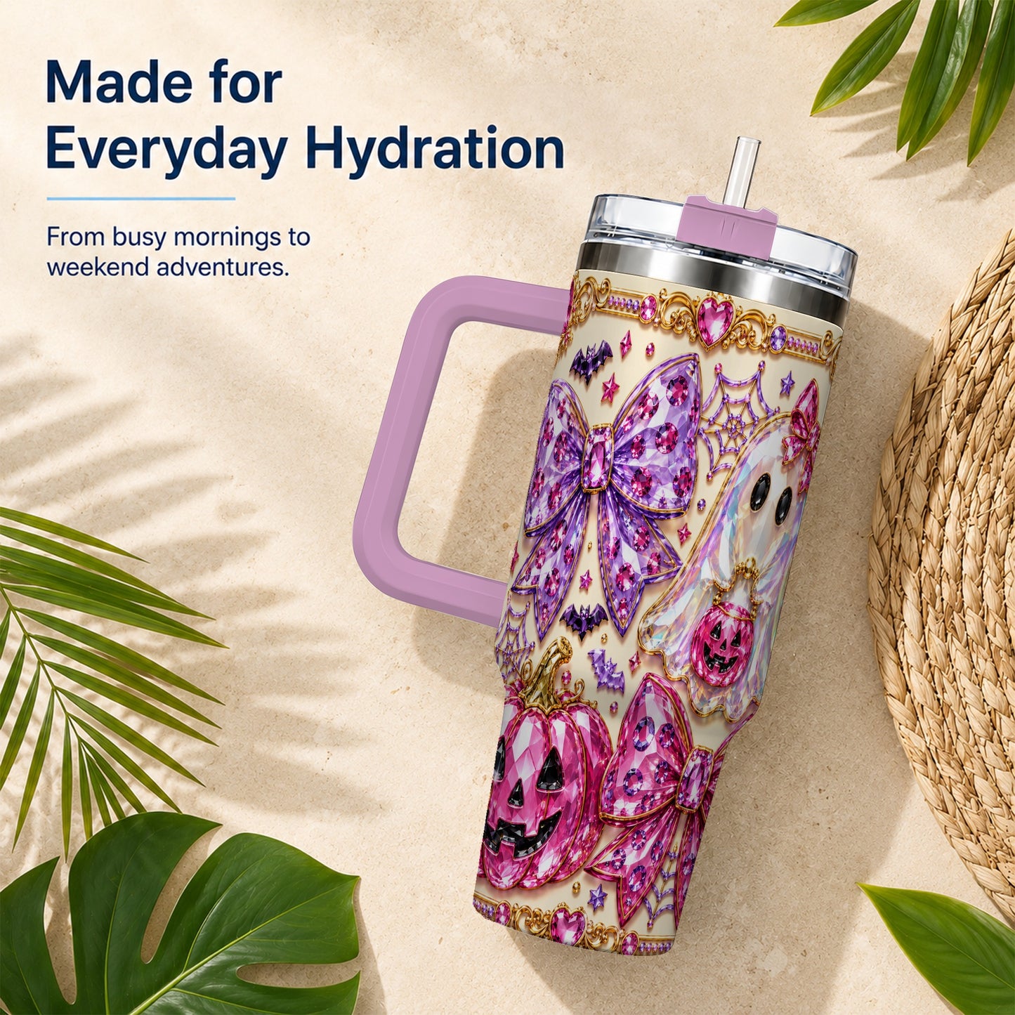 #pl[40oz|Pink] Ghost Bow 40oz Tumbler with Handle, Halloween Stainless Steel Travel Cup