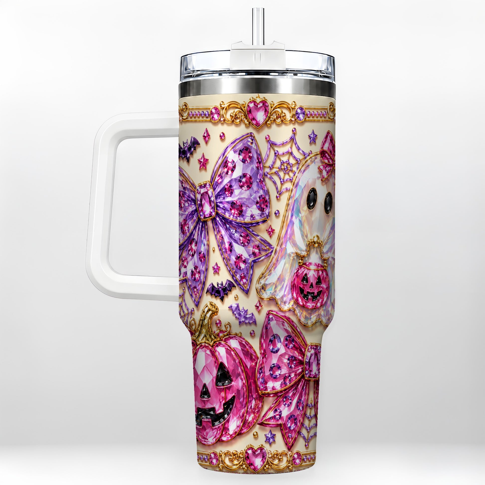 #pl[40oz|White] Ghost Bow 40oz Tumbler with Handle, Halloween Stainless Steel Travel Cup