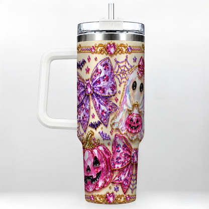#pl[40oz|White] Ghost Bow 40oz Tumbler with Handle, Halloween Stainless Steel Travel Cup