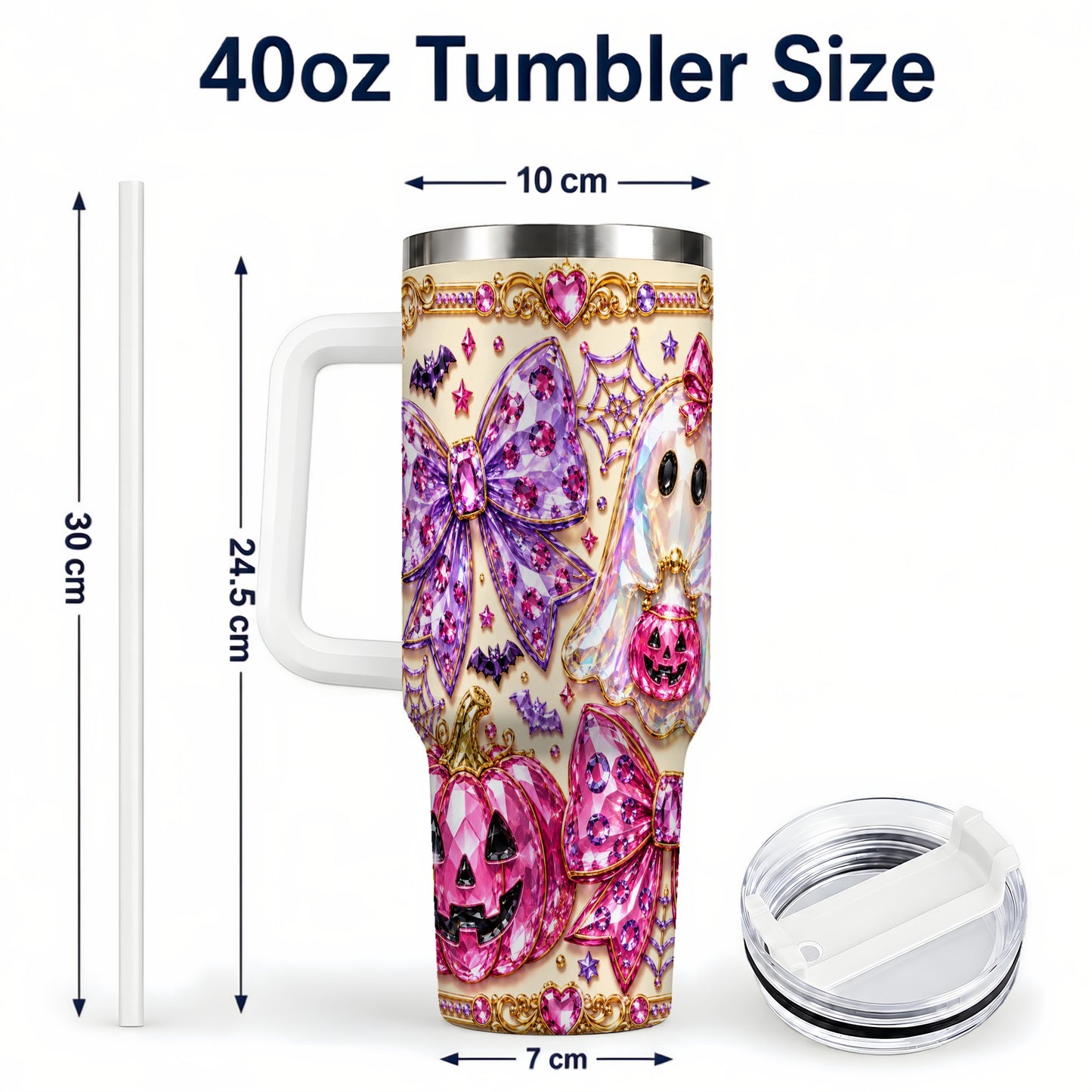 #pl[40oz|White] Ghost Bow 40oz Tumbler with Handle, Halloween Stainless Steel Travel Cup