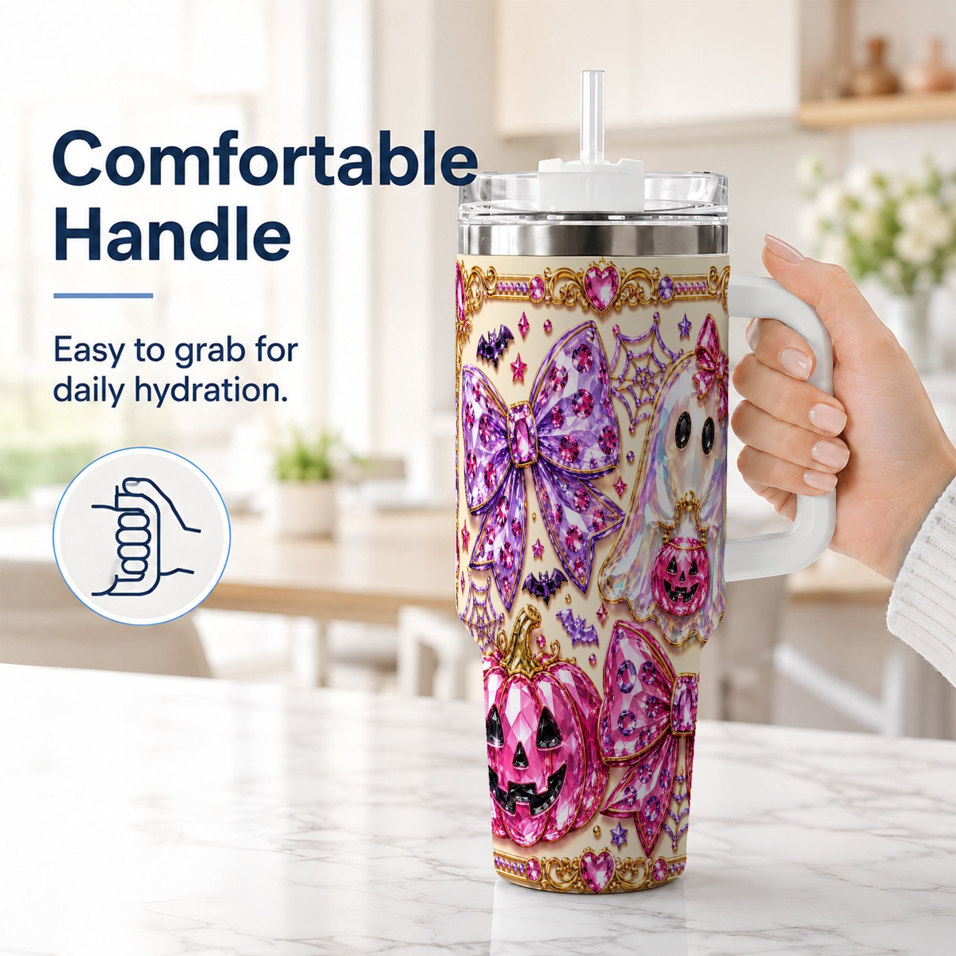 #pl[40oz|White] Ghost Bow 40oz Tumbler with Handle, Halloween Stainless Steel Travel Cup