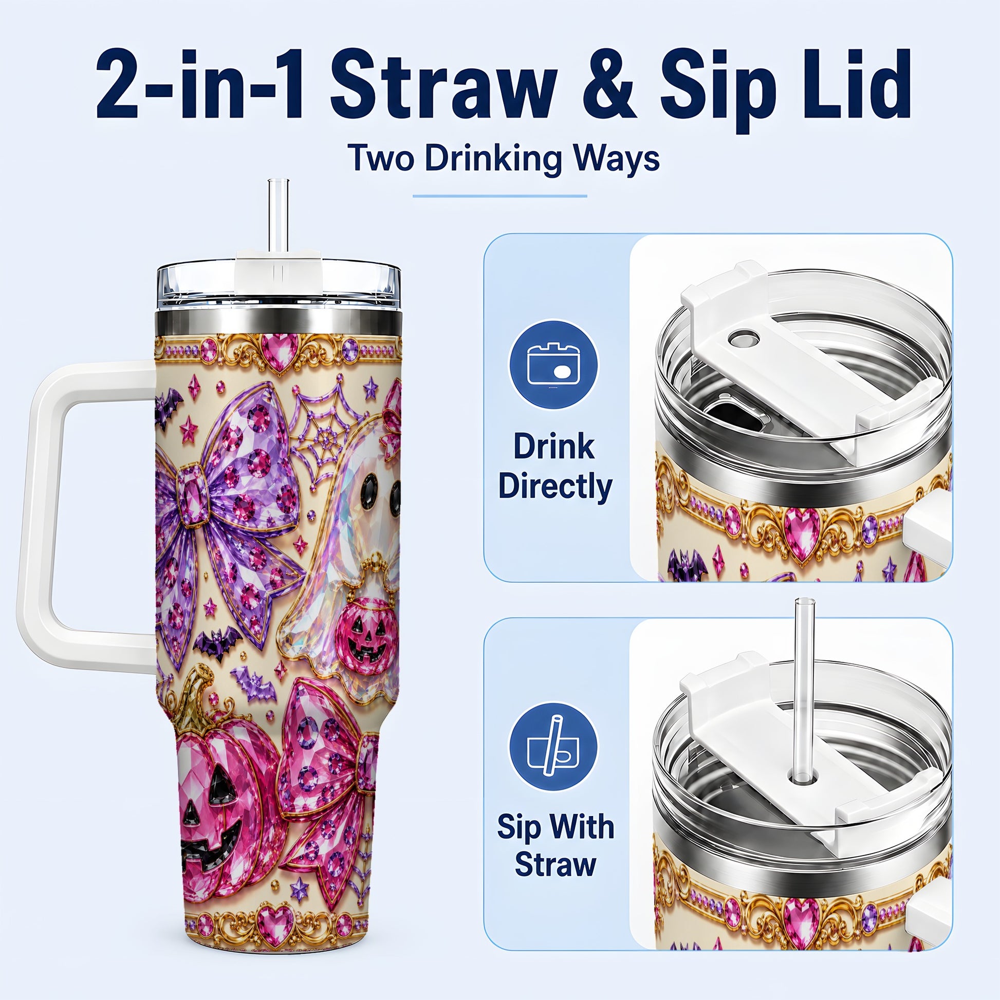 #pl[40oz|White] Ghost Bow 40oz Tumbler with Handle, Halloween Stainless Steel Travel Cup