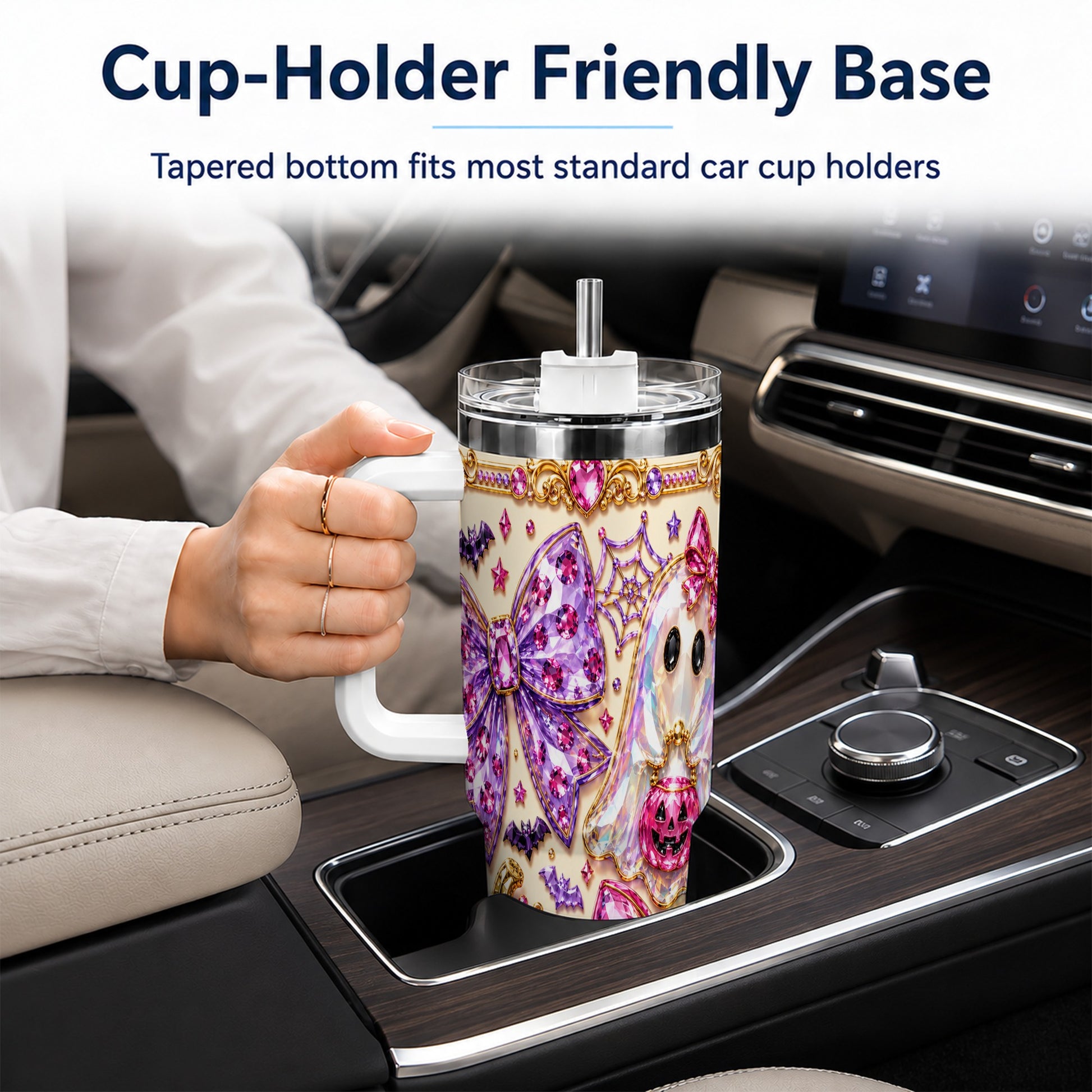 #pl[40oz|White] Ghost Bow 40oz Tumbler with Handle, Halloween Stainless Steel Travel Cup