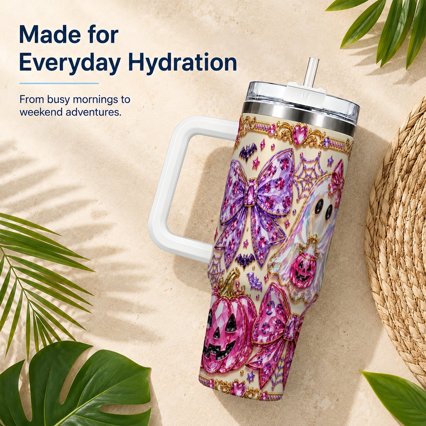 #pl[40oz|White] Ghost Bow 40oz Tumbler with Handle, Halloween Stainless Steel Travel Cup
