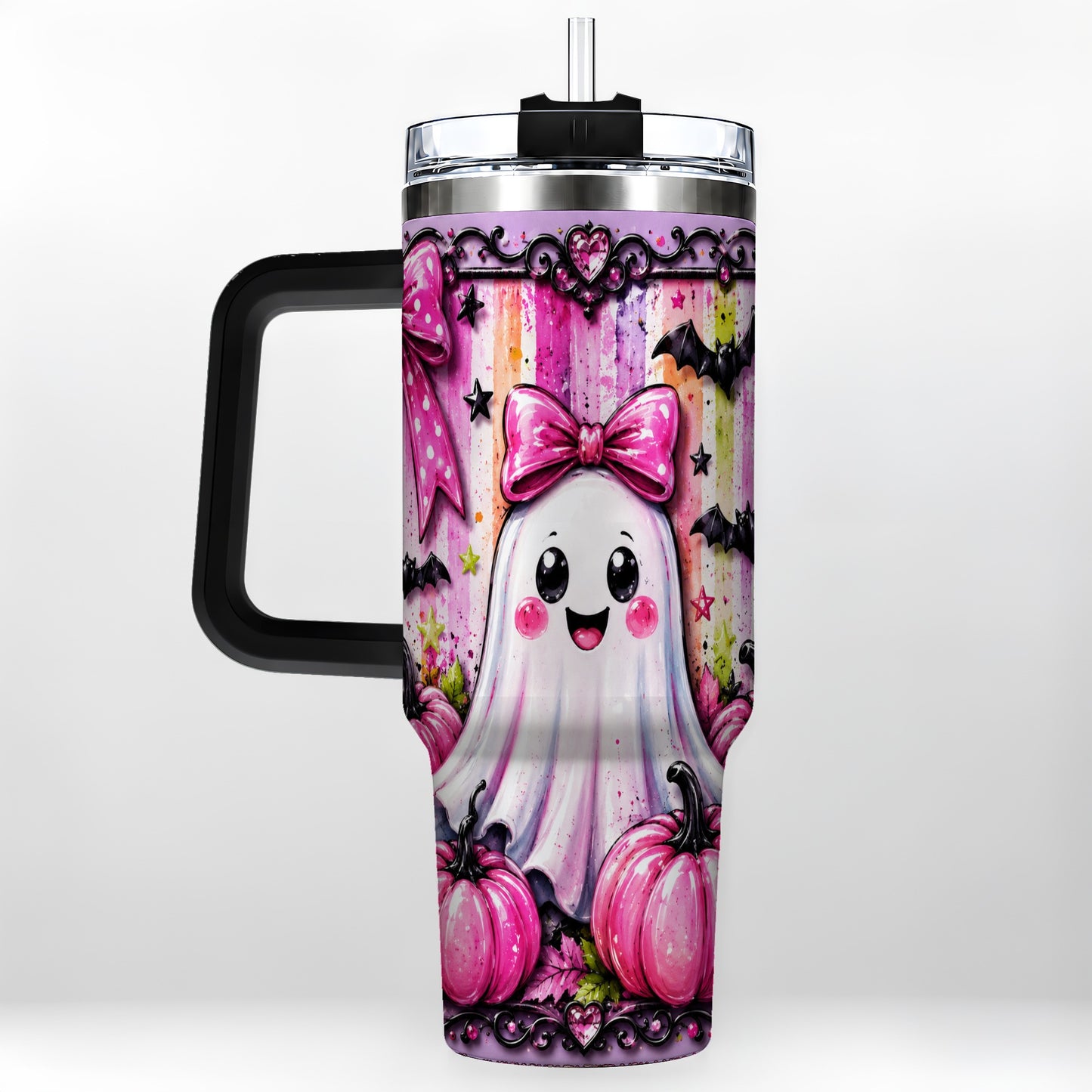 #pl[40oz|Black] Cute Ghost 40oz Tumbler with Handle, Halloween Stainless Steel Travel Cup